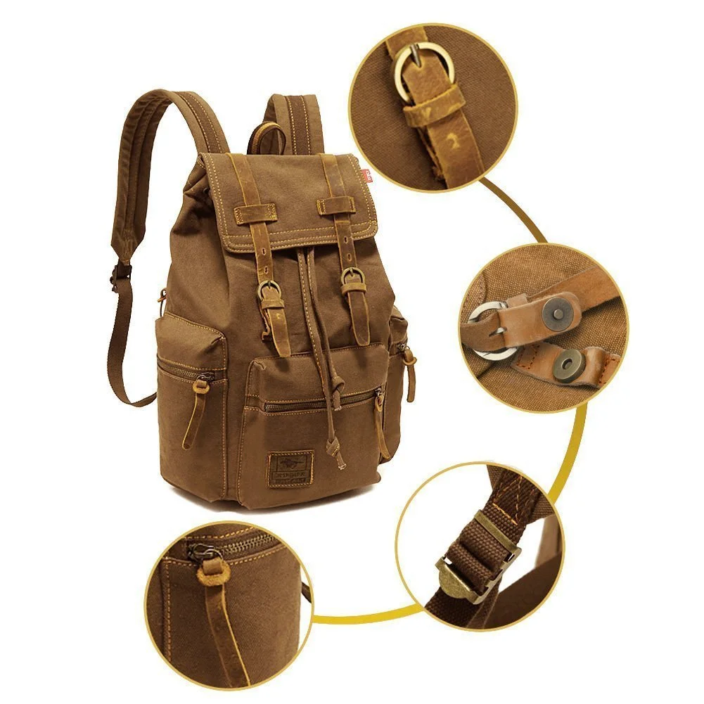 koolehaoda Vintage Canvas Travel Laptop Backpack Leather Rucksack Knapsack Unisex Casual Backpack 20inch School Computer Bag Hiking Bag Gifts for Men & Women Khaki L