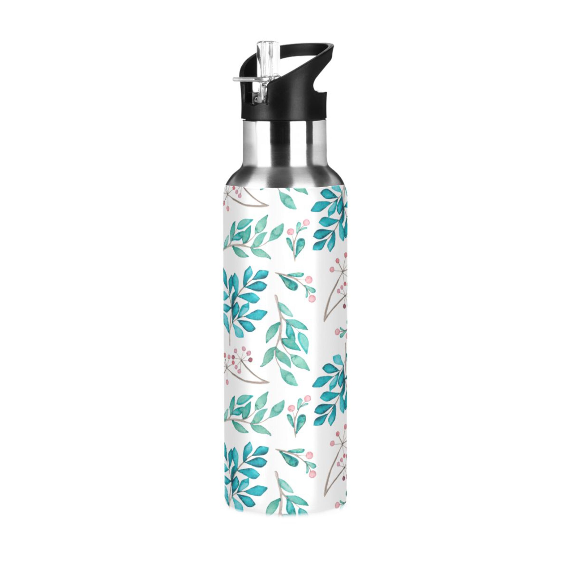 Water Bottle with Straw Lid Leak Cherry Floral Leaves Stainless Steel Insulated Thermos Vacuum Flask for Cold Hot Drinking for Sports Camping Gym Yoga