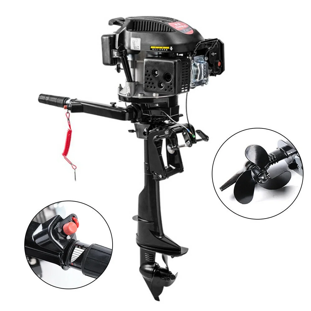 ZhdnBhnos 4 Stroke 6HP Heavy Duty Outboard Motor Fishing Boat Petrol Engine W/ Air Cooling System CDI 2500RPM Single Cylinder Hand Pull