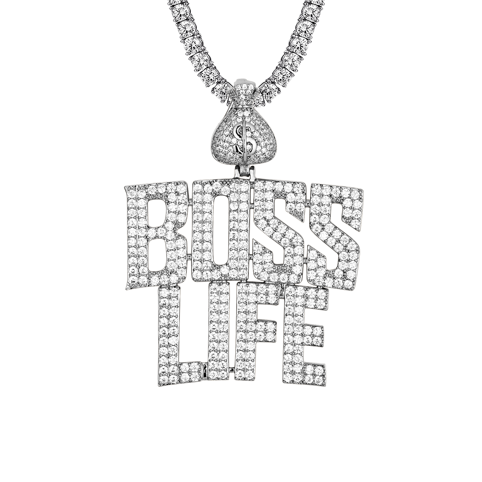 Mens Boss Life Money Rich Dollar Bag Icy Custom Hip Hop Pendant 14K White Gold Tone Tennis Chain