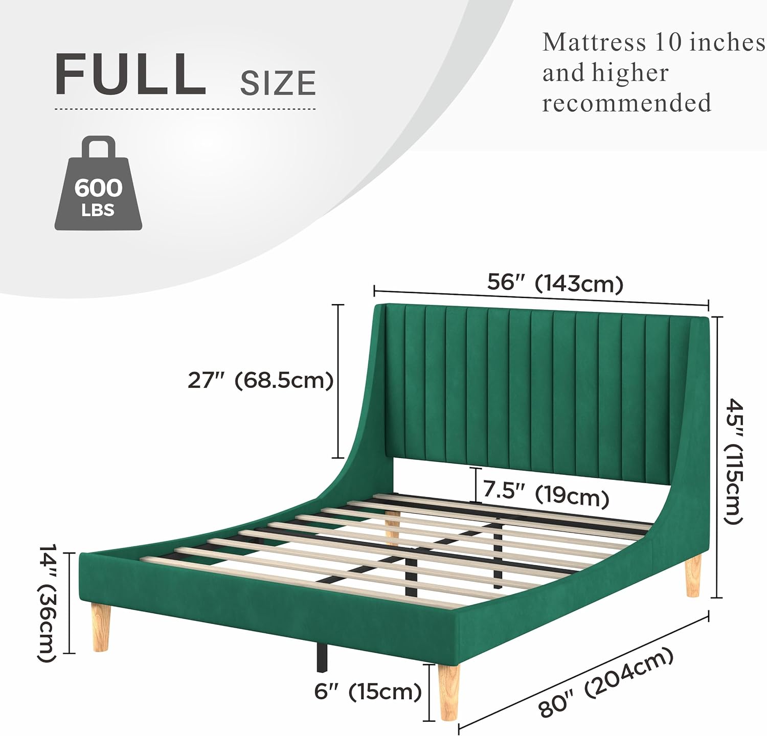 YGDU Full Vertical Tufted Channel Headboard Frame with Wingback Design Platform Beds Size with Wooden Slats, No Box Spring Needed, Green Velvet Fabric, Evergreen