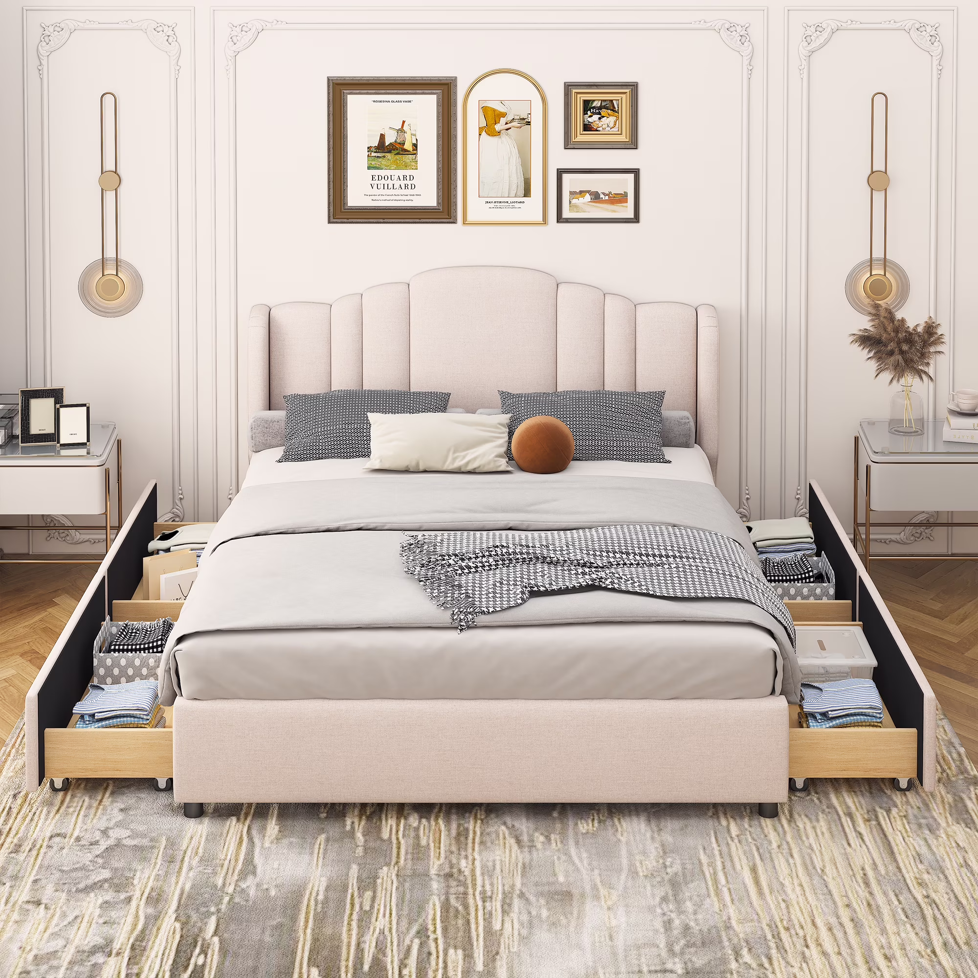 Bellemave Upholstered Queen Size Platform Bed Frame with Wingback Headboard,Queen Bed Frame with 4 Drawers on Two Sides,Linen Queen Storage Bed for Kids,Teens,Adults (Beige)