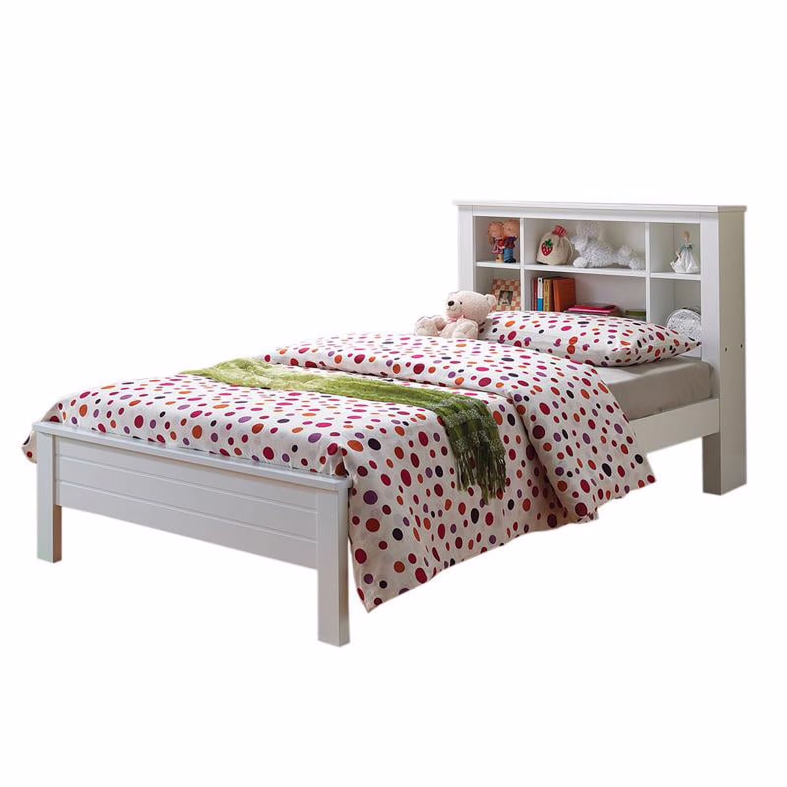 Space Saver Wooden Twin Size Bed with Bookcase Headboard in White