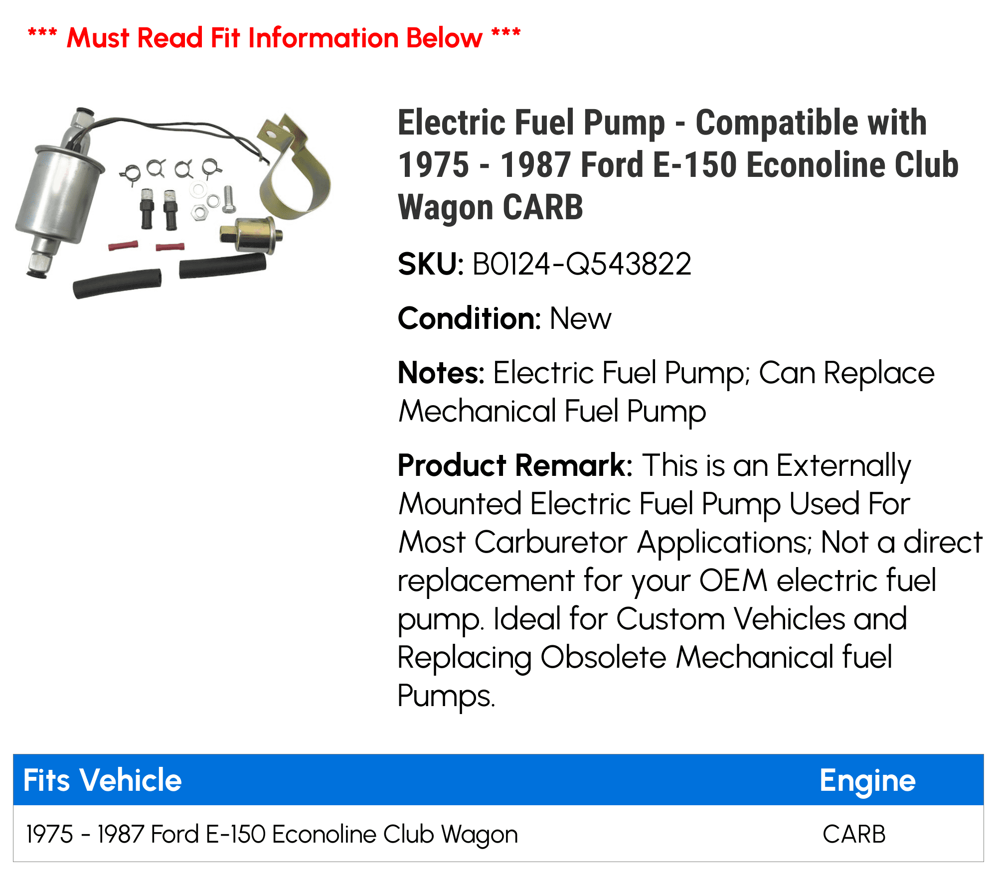 Electric Fuel Pump - Compatible with 1975 - 1987 Ford E-150 Econoline Club Wagon CARB 1976 1977 1978 1979 1980 1981 1982 1983 1984 1985 1986