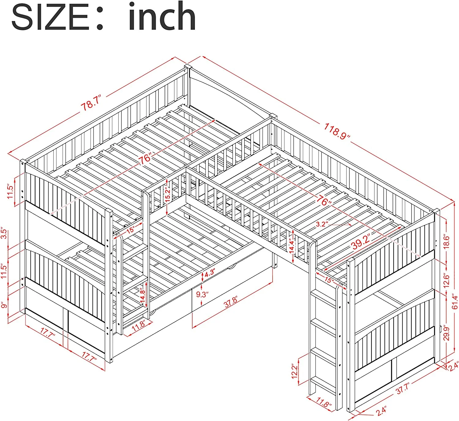 Triple Bed, L Shaped -Over- Buk Bed Attached A Loft Bed,Wood Buk Beds With 2 Drawers Ad 2 Ladders, 3 Bed Buk Beds For Kids,Tees,Grey