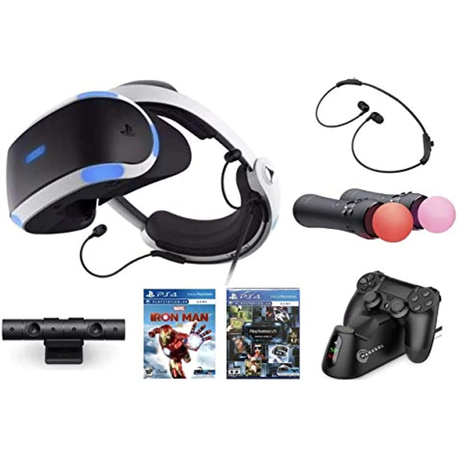 Newest Playstation VR Iron Man, Compatible with PS4 & PS5: VR Headset, Camera, Move Motion Controllers, Iron Man + Marxsol PS4 Controller Fast Charging Dock Bundle