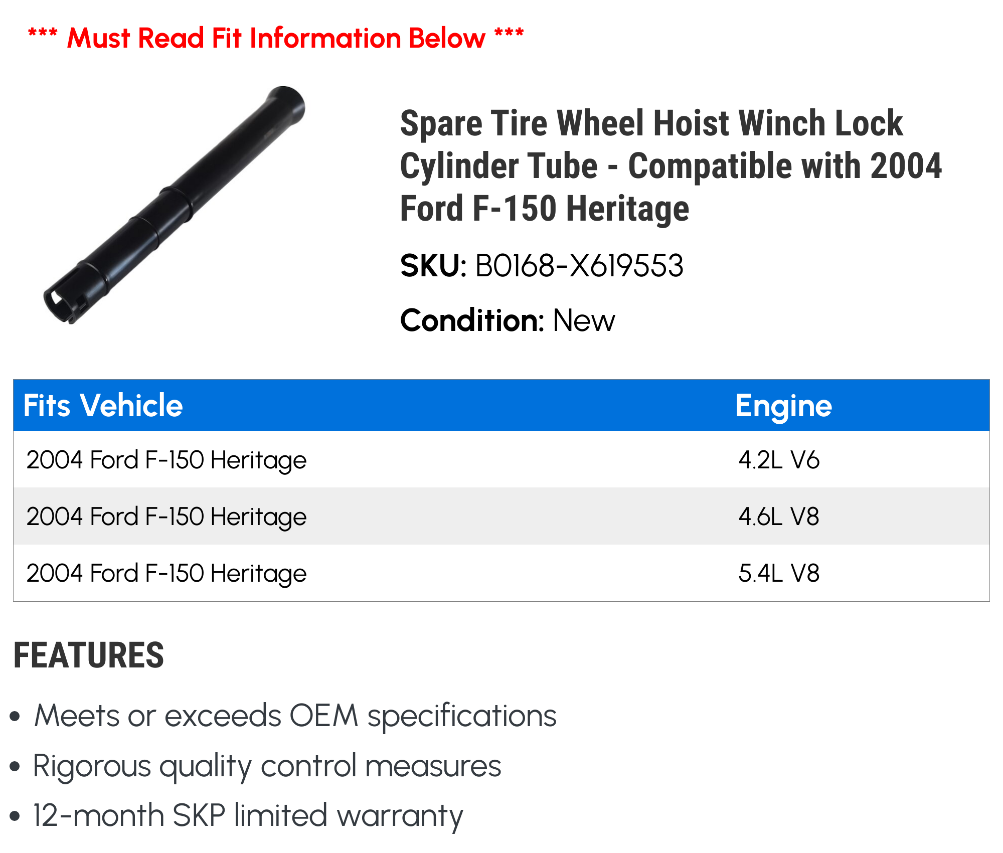Spare Tire Wheel Hoist Winch Lock Cylinder Tube - Compatible with 2004 Ford F-150 Heritage