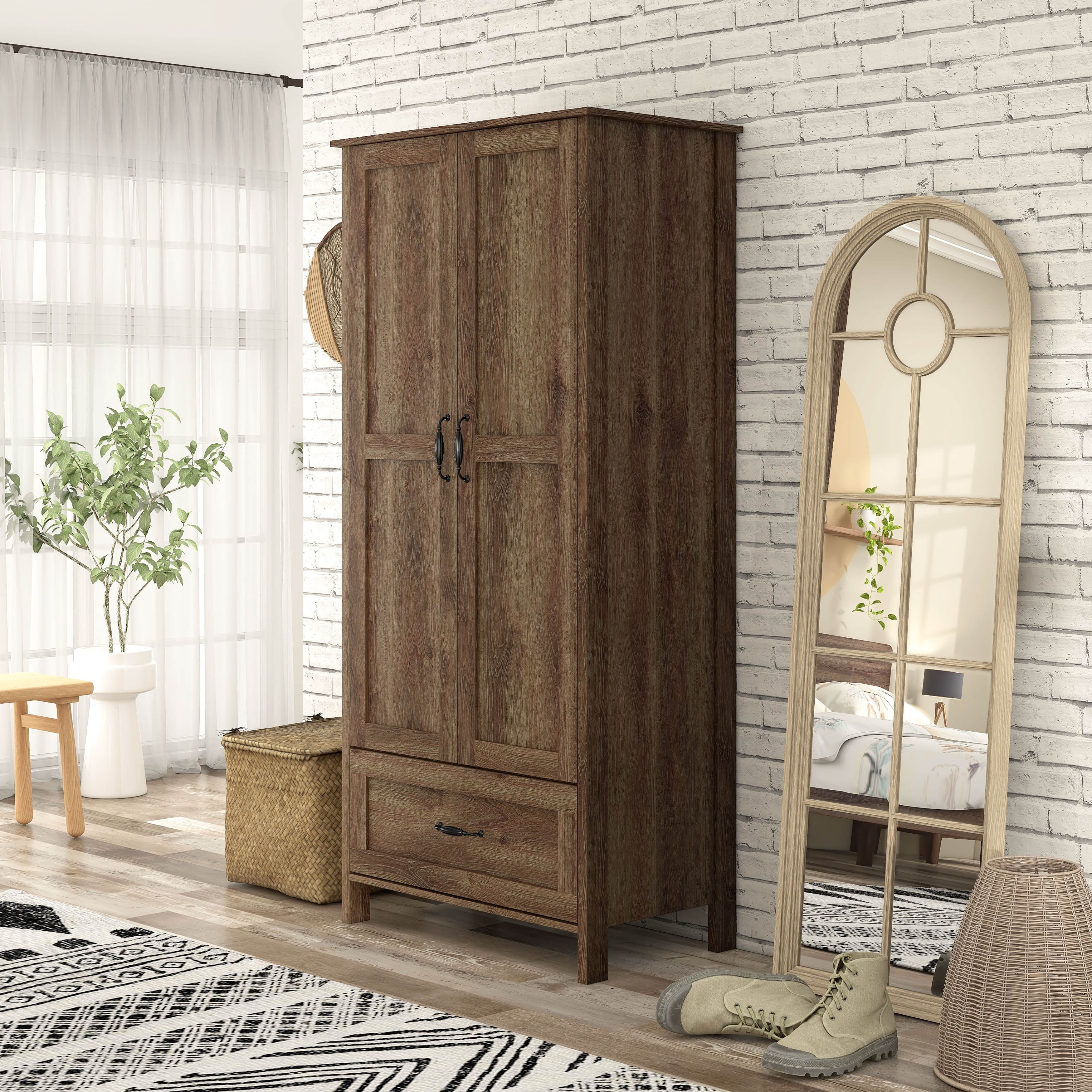 Denhour DH BASIC Rustic Distressed Walnut Double-doors Wardrobe Closet with 1-Drawer by