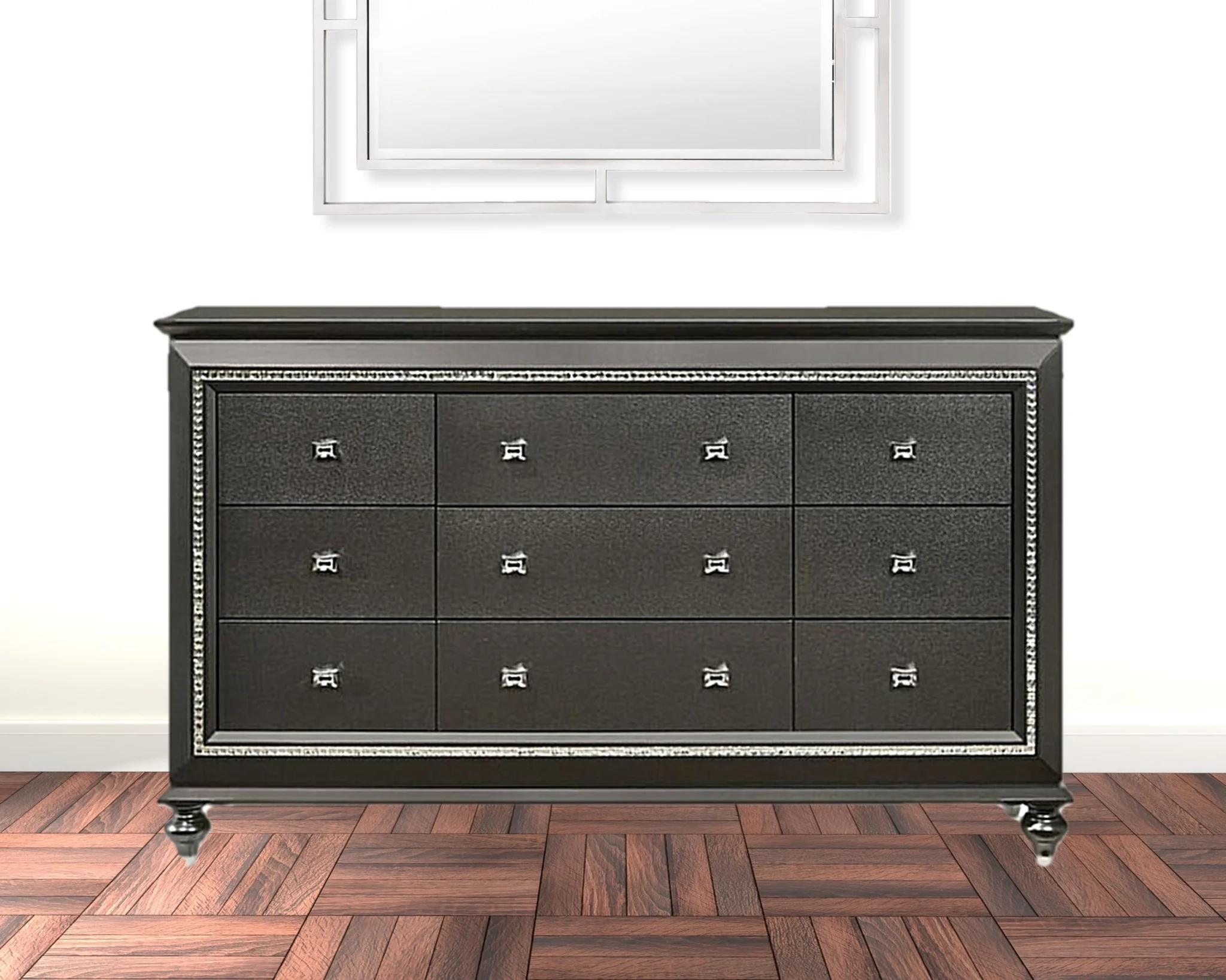 HomeRoots 490478 39 x 66 x 18 in. Metallic Gray Solid Manufactured Wood Nine Drawers Triple Dresser