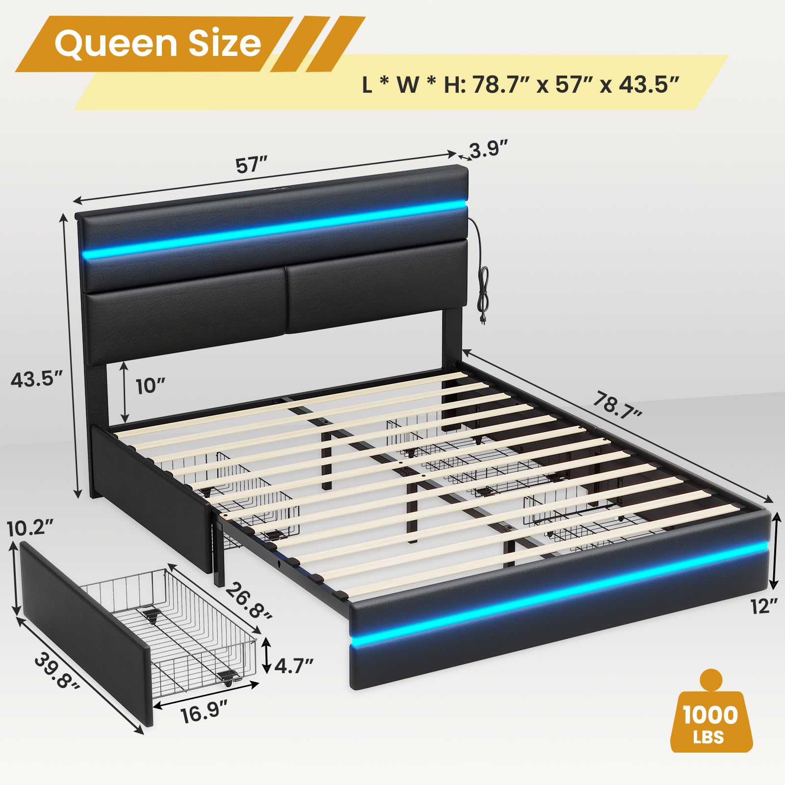 Afuhokles LED Full Size Bed Frame with 4 Storage Drawers, Upholstered Platform Metal Bed Frame with Headboard, Black