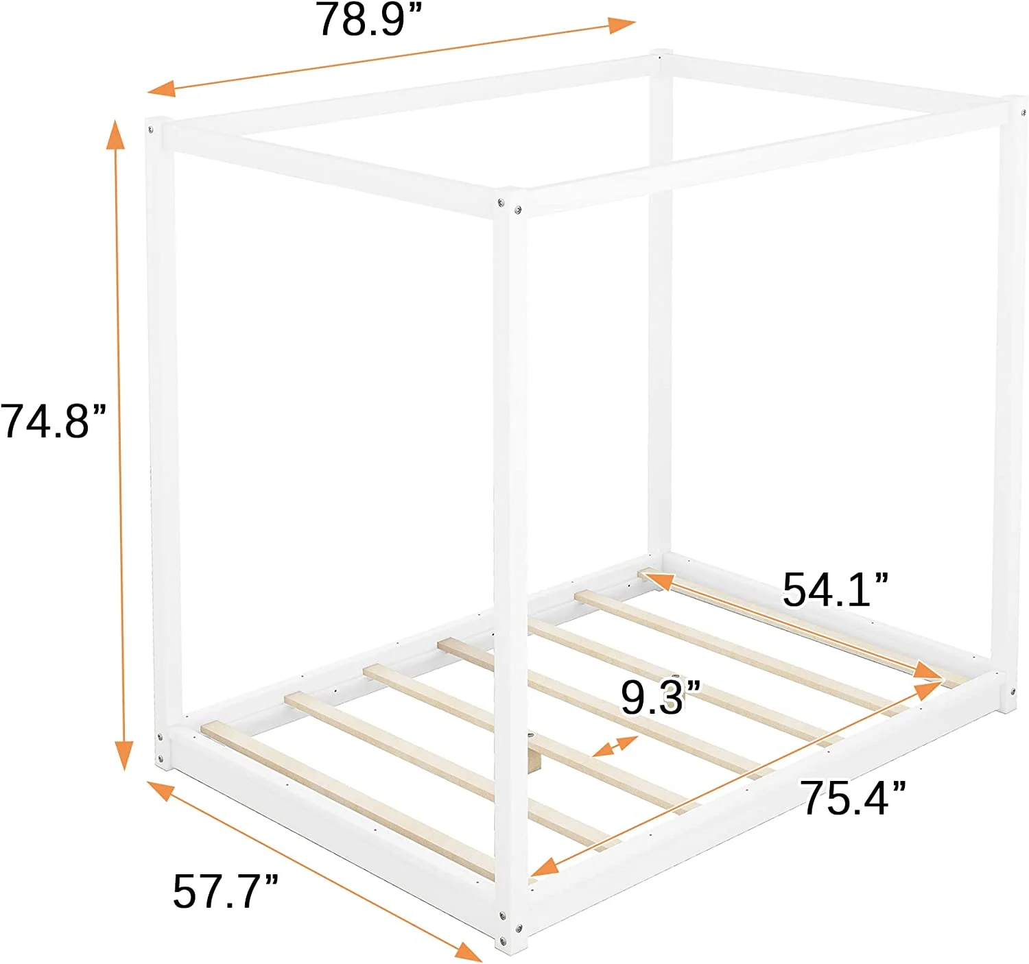 Full Size Canopy Bed 4-Post Canopy Platform Bed Frame, Solid Wood Full Floor Bed Frame For Kids Teens Adults, No Box Spring Needed (White)