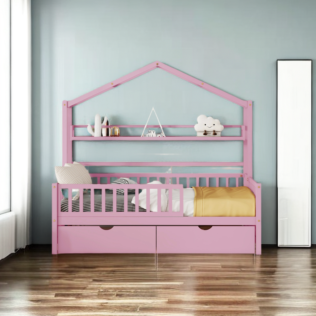 Wooden Full Size House Bed with 2 Drawers for Kids, Full Daybed Platform Frame with Storage Shelf, Roof and Safety Fence