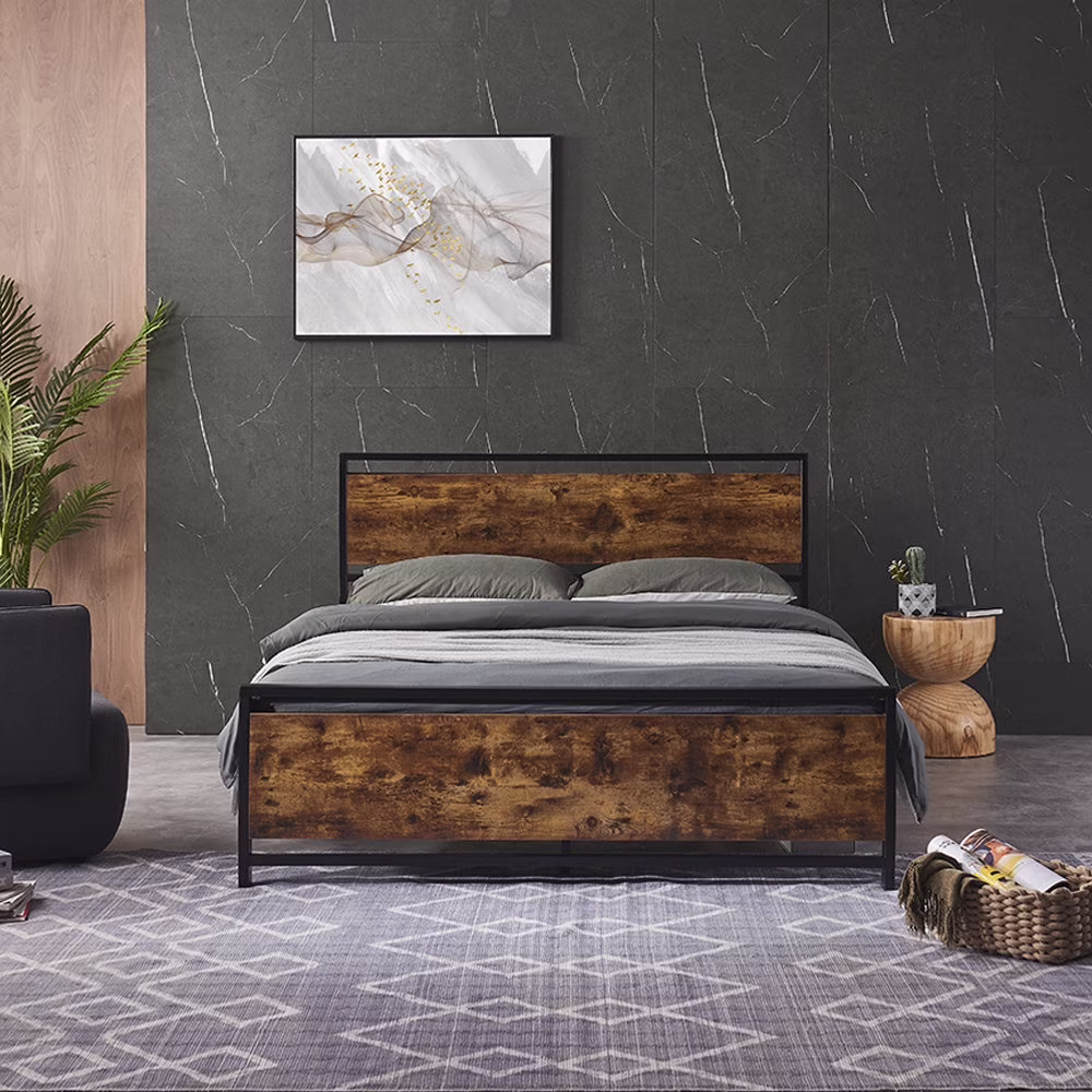 Queen Size Metal Platform Bed Frame with Wooden Headboard and Footboard, No Box Spring Needed, Large Under Bed Storage, Easy Assemble