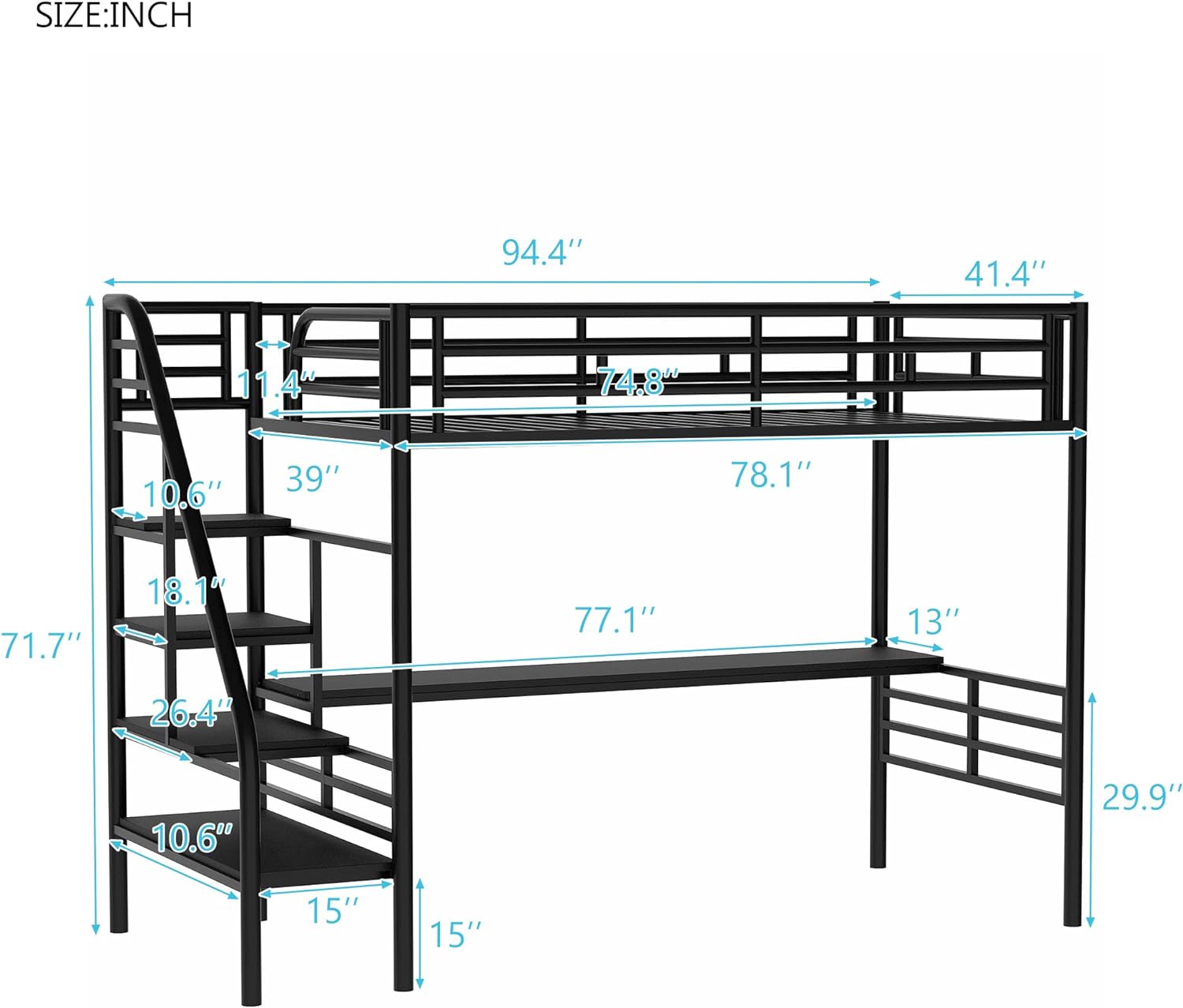 Metal Loft Bed With Desk, Size Loft Bed With Stairs Ad Workstatio Desk For Kids Tees, Space Savig Metal Loft Bed Frame,o Box Sprig eeded, Black