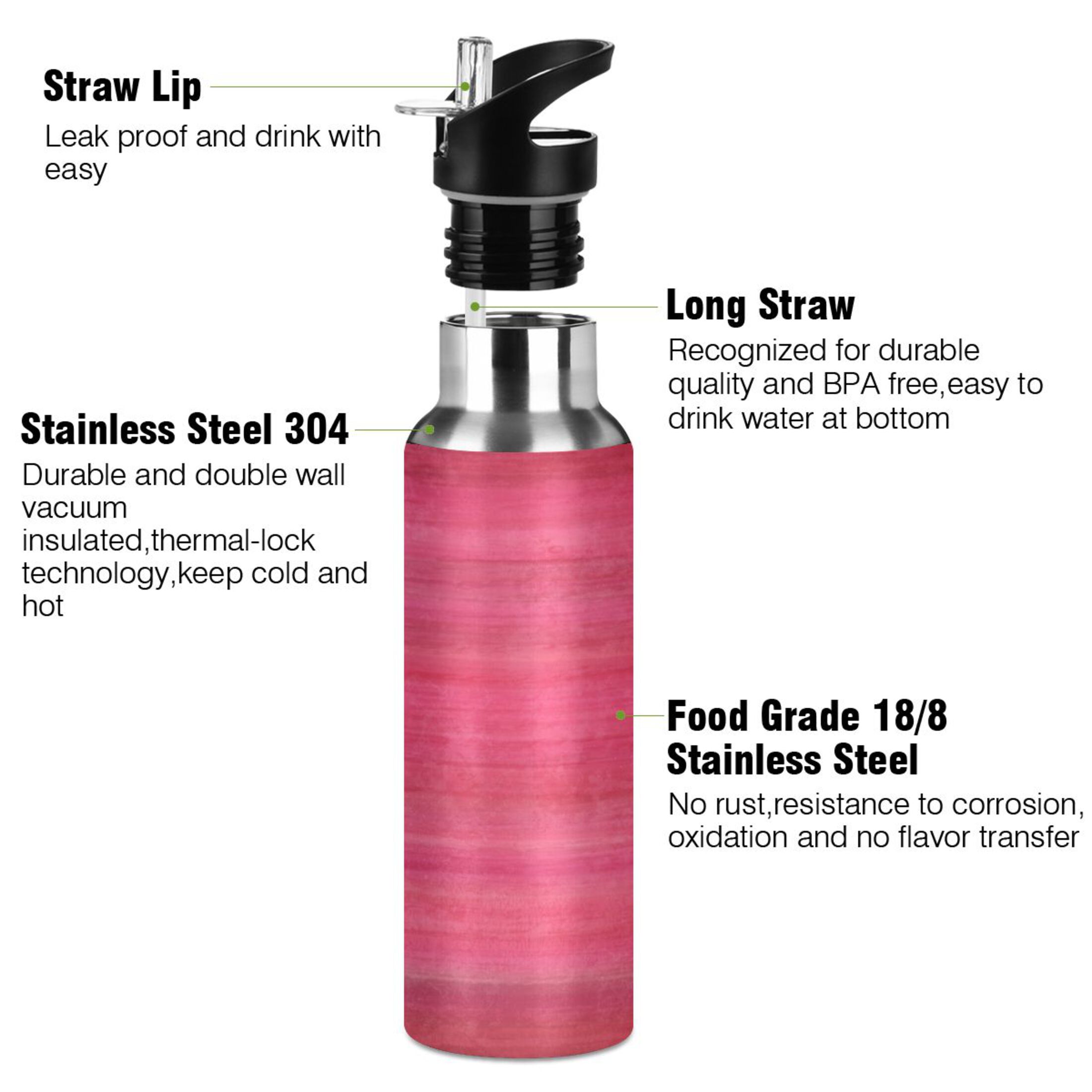 Stainless Steel Water Bottle Hot Pink Stripy Grunge with Straw Lid Vacuum Insulated Leak Proof Flask Jug for Gym Travel Sports Cycling Outdoor 20 OZ