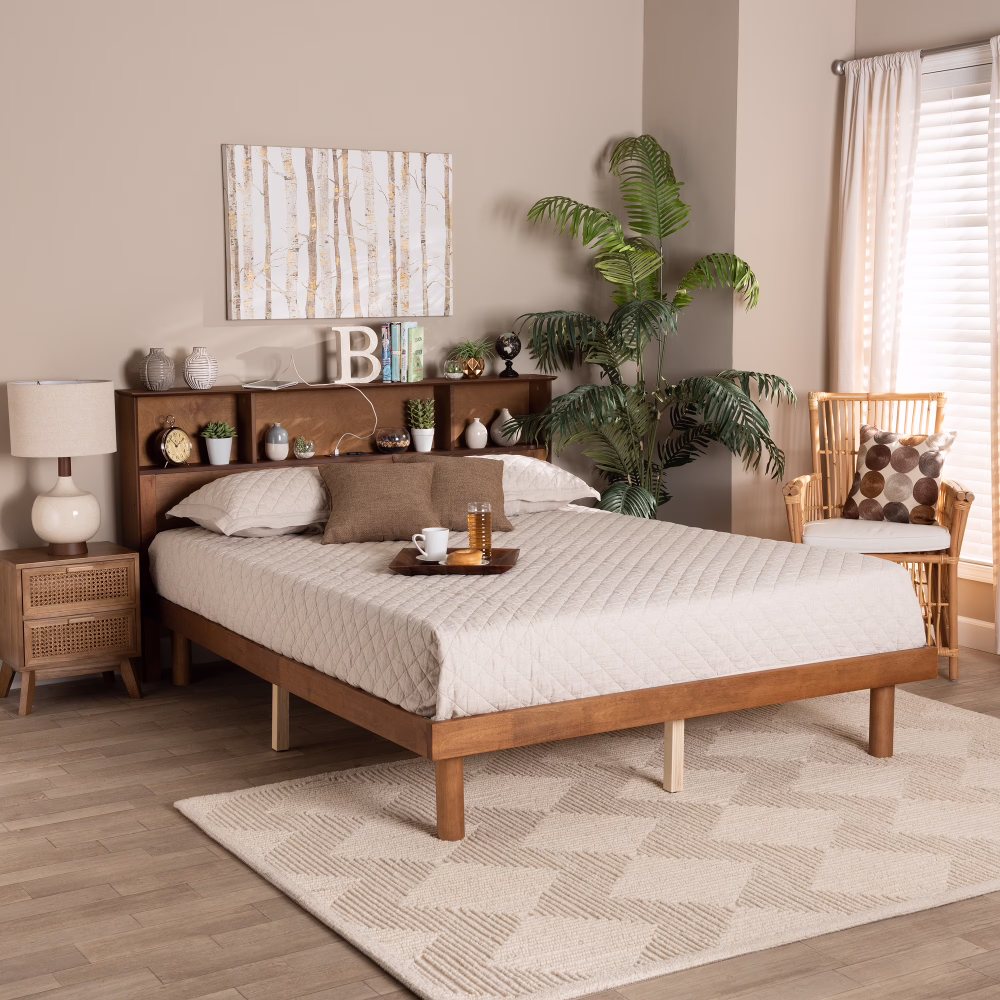 Baxton Studio Lochlan Mid-Century Modern Transitional Walnut Brown Finished Wood Full Size Platform Bed with Charging Station
