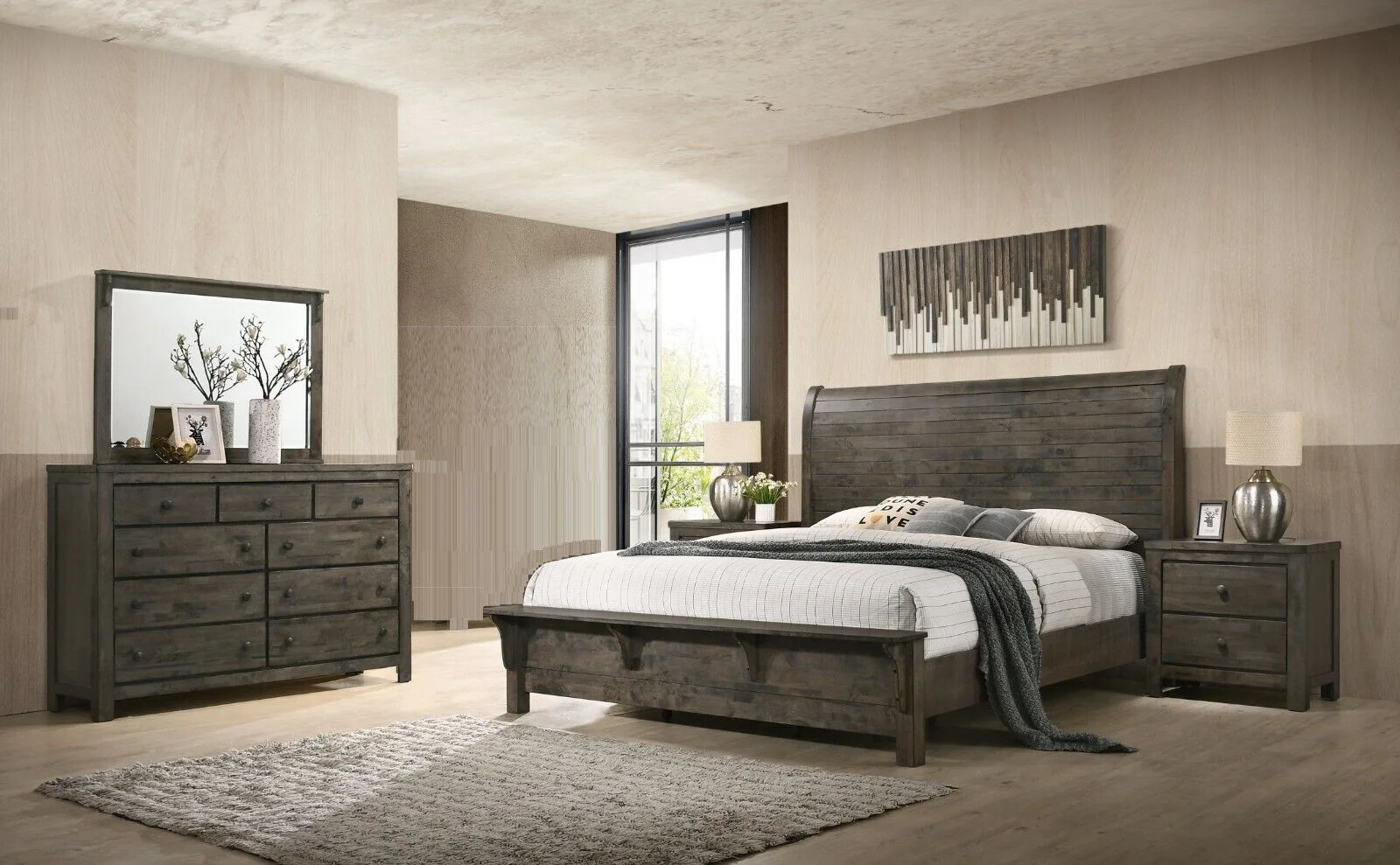 Contemporary Classic 4pc King Built-in Bench Bed Dresser Mirror Nightstand Set Curve Headboard Rustic Gray Finish