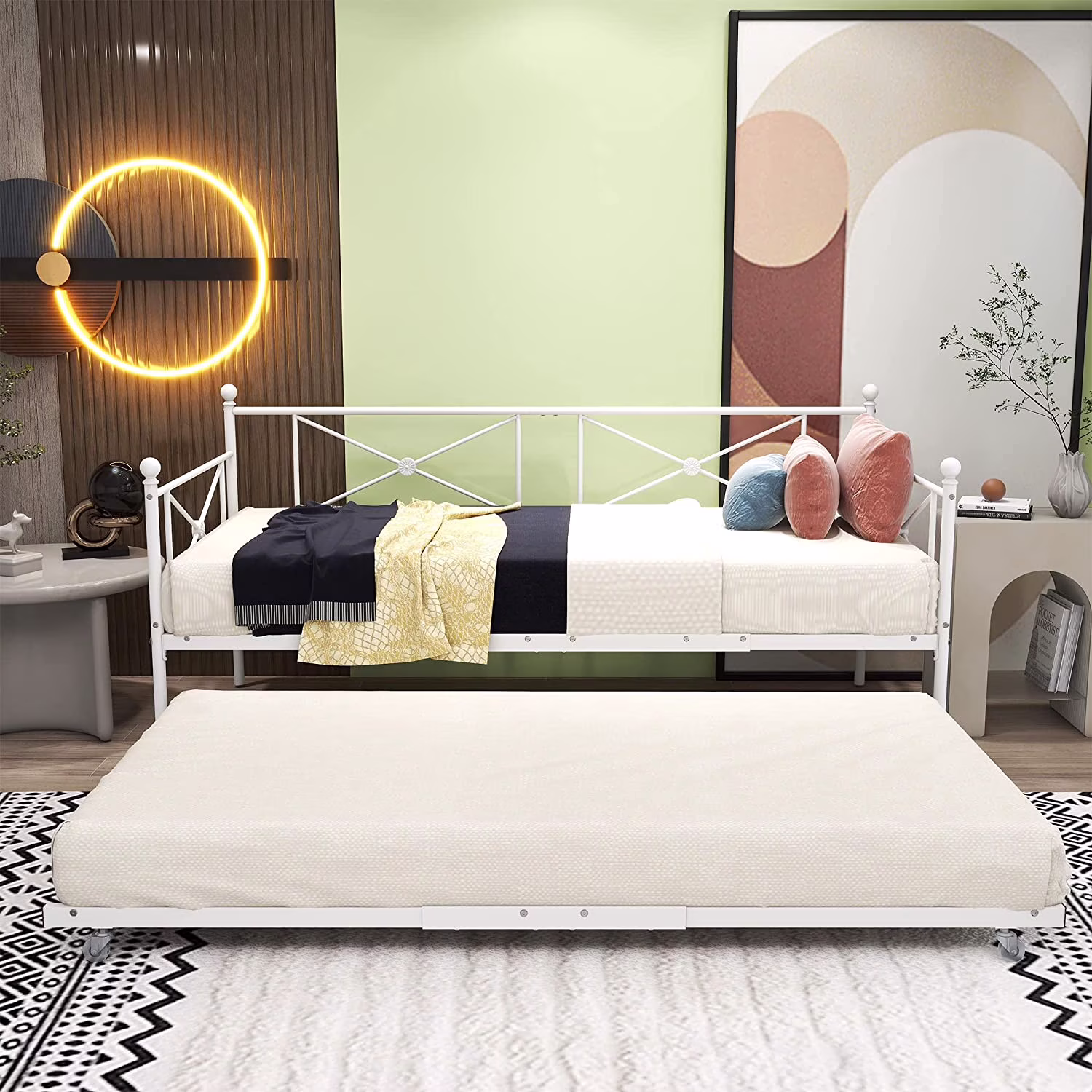 Sofa Bed Daybed with Trundle Premium Steel Slat Support,Multifunctional Mattress Foundation,Sofa Bed Frame with Headboard,Twin,White