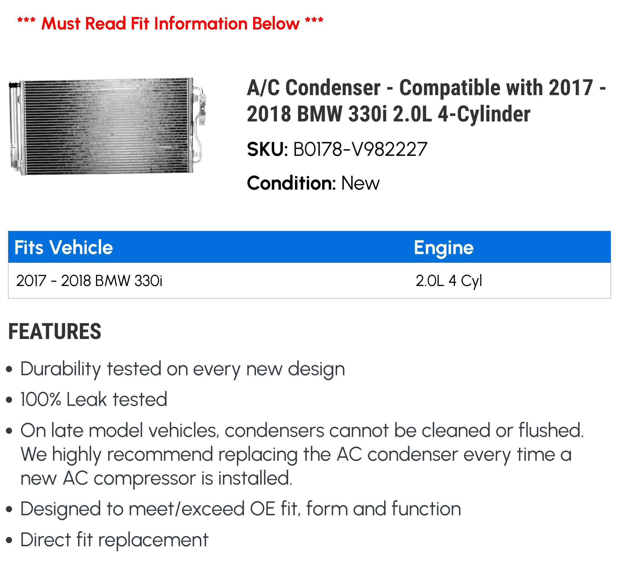 A/C Condenser - Compatible with 2017 - 2018 BMW 330i 2.0L 4-Cylinder