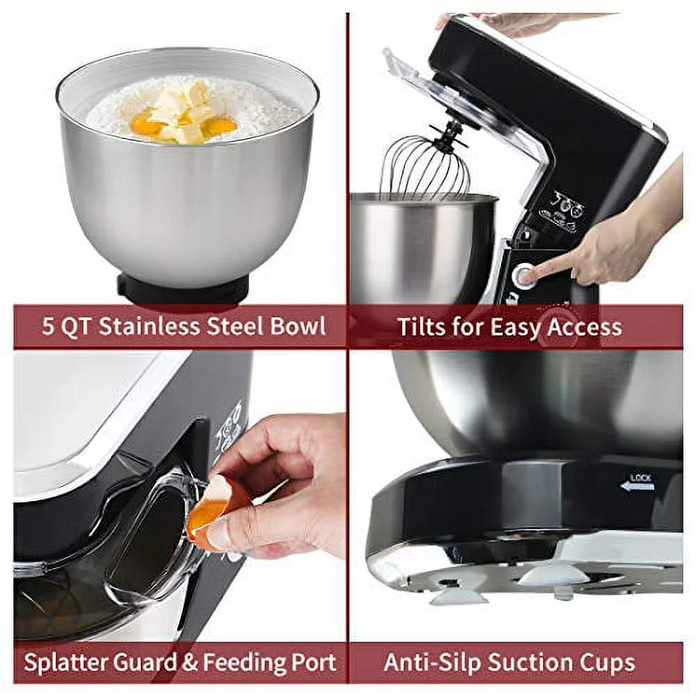CUSIMAX Dough Mixer Tilt-Head Electric Mixer with 5-Quart Stainless Steel Bowl, Dough Hook, Mixing Beater and Whisk, Black