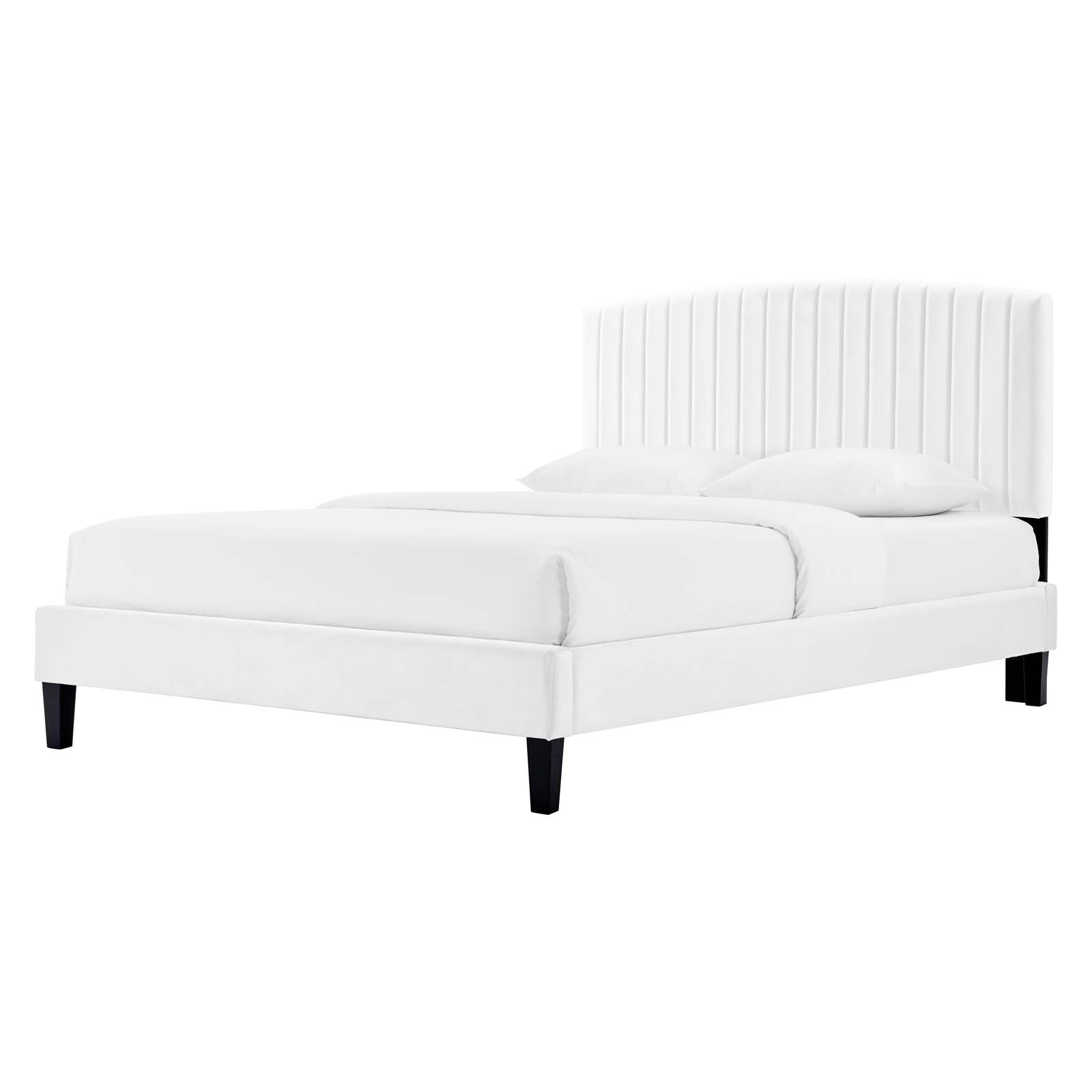 Platform Bed Frame, Queen Size, White, Velvet, Modern Contemporary, Bedroom Master Guest Suite Room