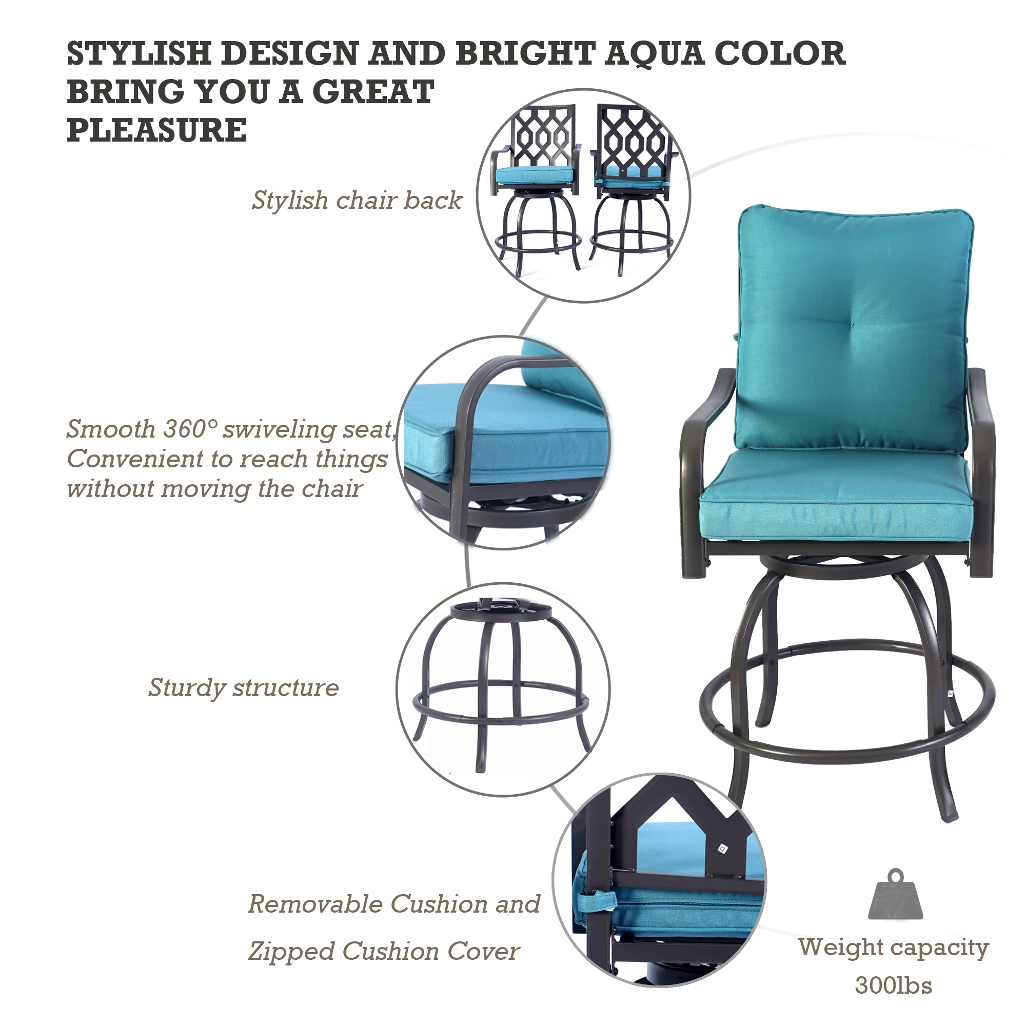 Kozyard Isabella High Swivel Bar Stools/Chair Set for Home Patio, Back Yard, Cafes, Bistro, Restaurants and Chic Bars (Aqua)