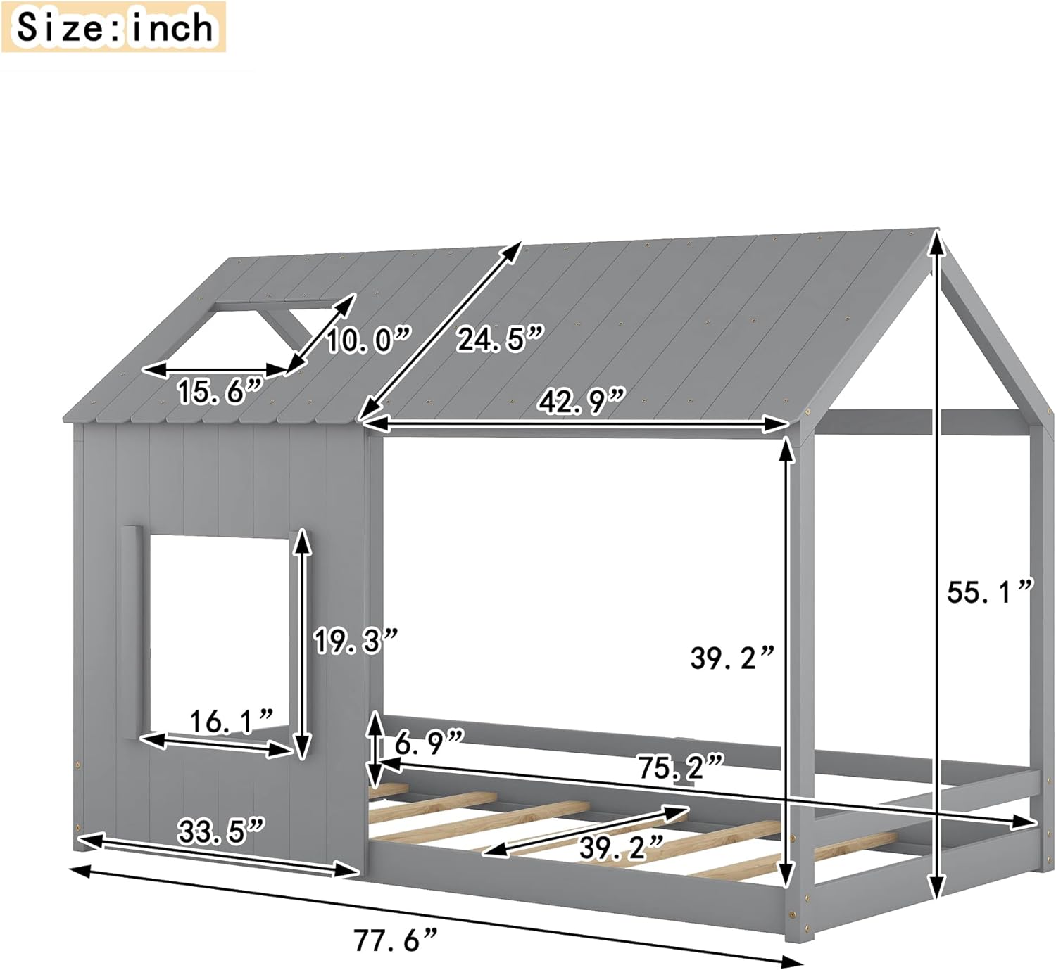 Size Kids House Bed, Montessori Floor Bed With Roof And Window, Wood Floor Bed Frame Cabin Fun Playhouse Bed For Girls, Boys, Children,Grey