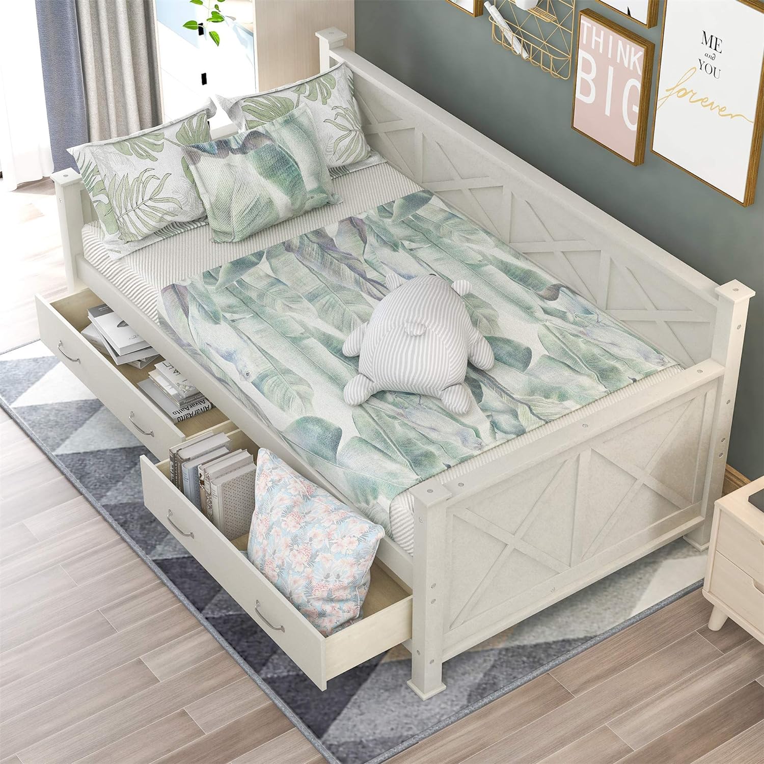 Size Daybed With Storage Drawers, Wooden Daybed With X-Shaped Frame, Modern And Rustic Casual Style Daybed (White)