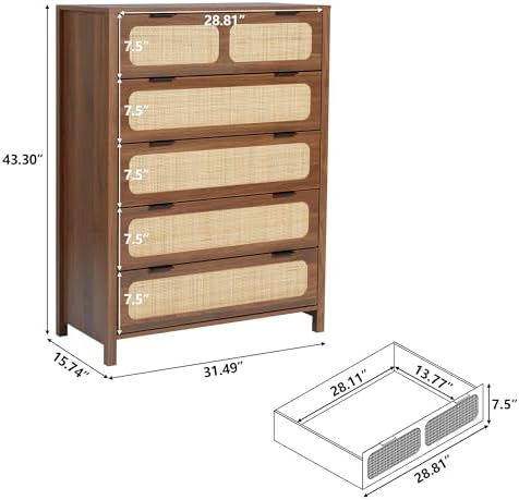 KHBIULIFE 5 Drawer Chest Dresser  Rattan Tall Dresser 5 Chest of Drawers for Bedroom  Wood  Cane Cabinet with Metal Handles  for Living Room  Hallway  Nursery (Black)