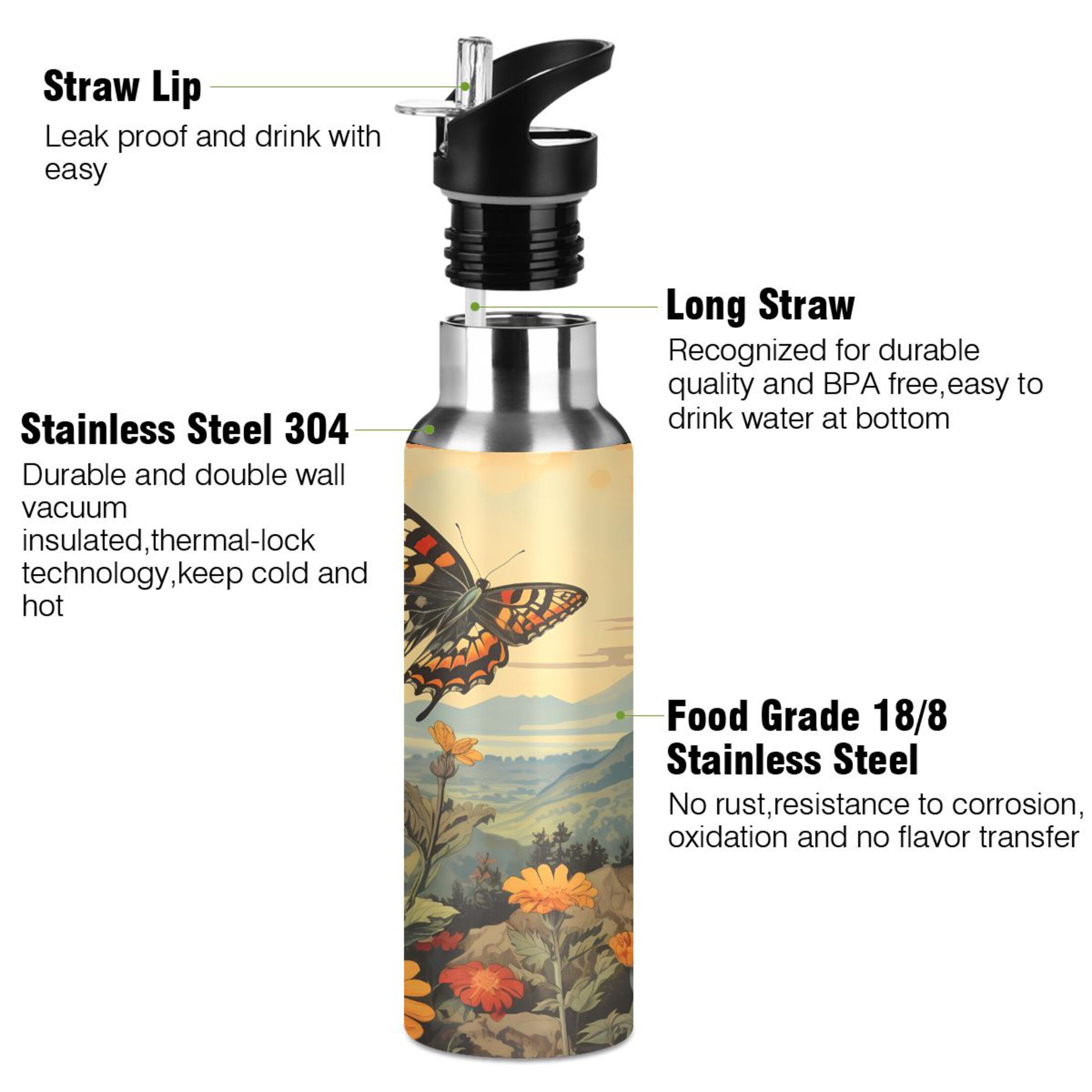 Water Bottle with Straw Lid Leak Butterfly in Sunflowers Stainless Steel Insulated Thermos Vacuum Flask for Cold Hot Drinking for Sports Camping Gym Yoga