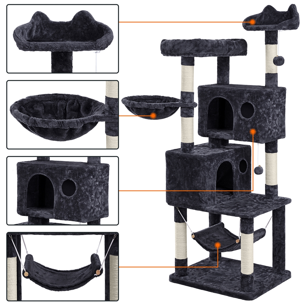 Topeakmart 64.5in Multi-level Large Cat Tree Condo Tower with Hammock Scratching Posts & Hammock, Black