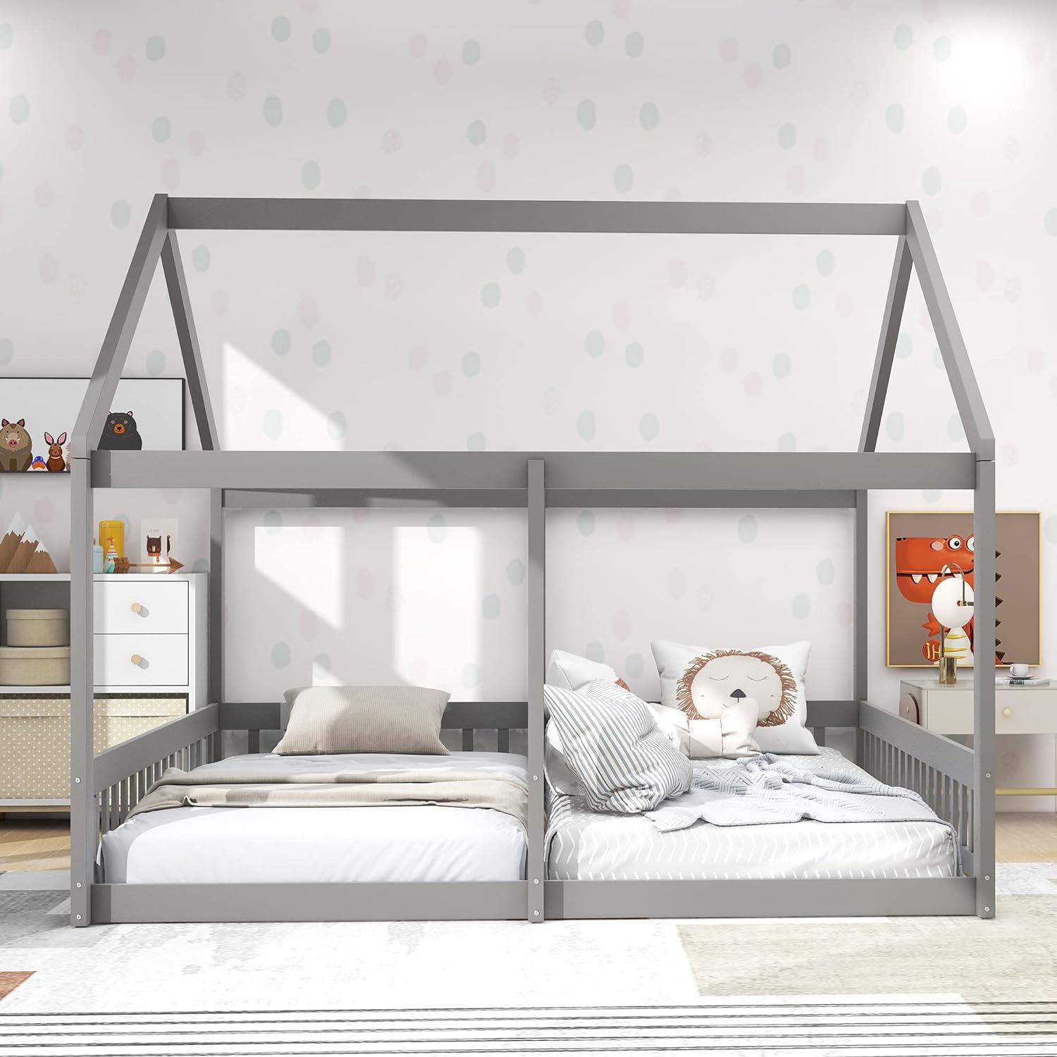 House Bed For 2 Kids, Double Shared Size Kids Beds, Wooden Toddler Bed, Montessori Floor Kids,Teens, Boys & Girls, Can Be Decorated Tent (Double , Gray), Grey