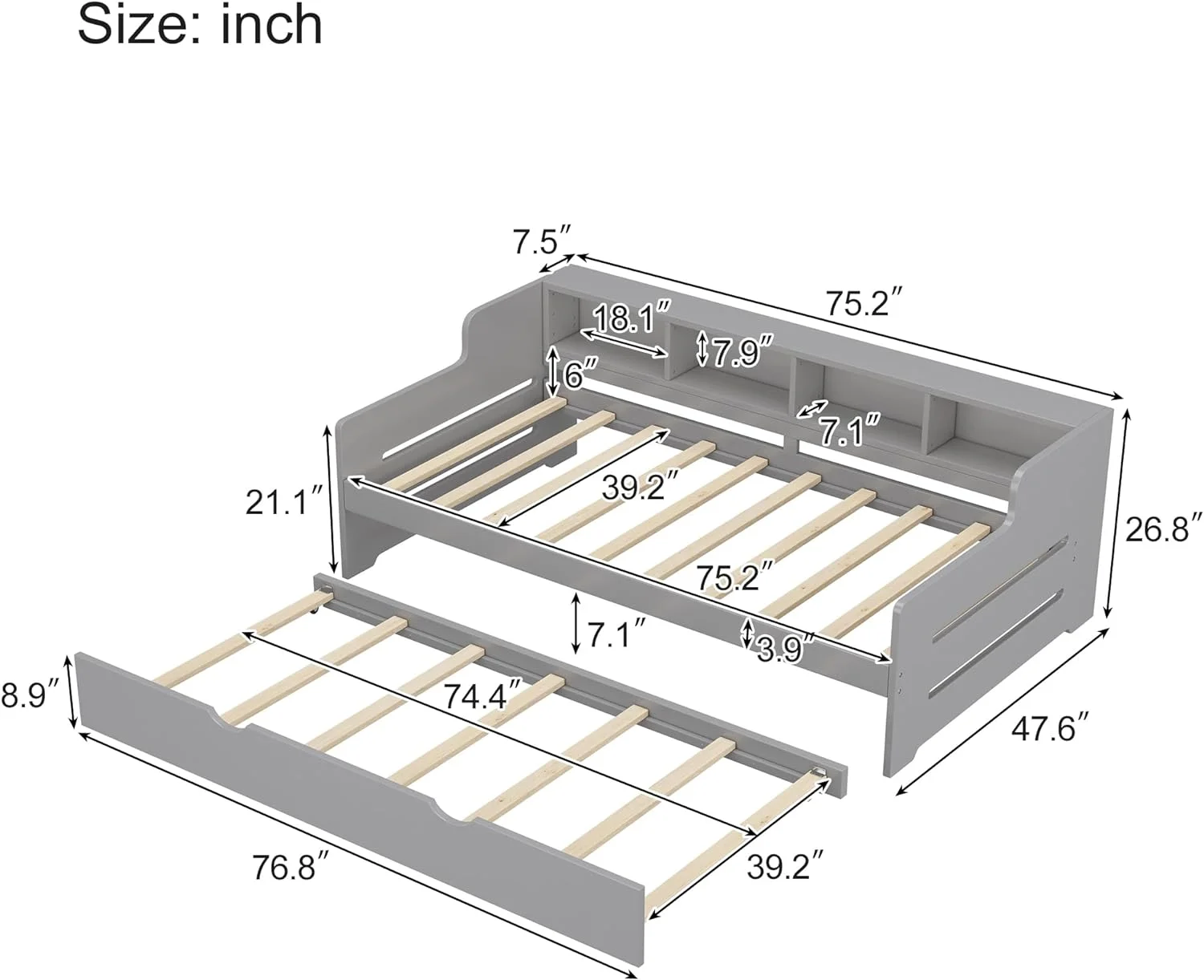 Size Daybed With Trudle, Wood Daybed With Bookcase Headboard, Platform Bed With Storage Shelves Ad Trudle For Kids Tees Adults, Gray
