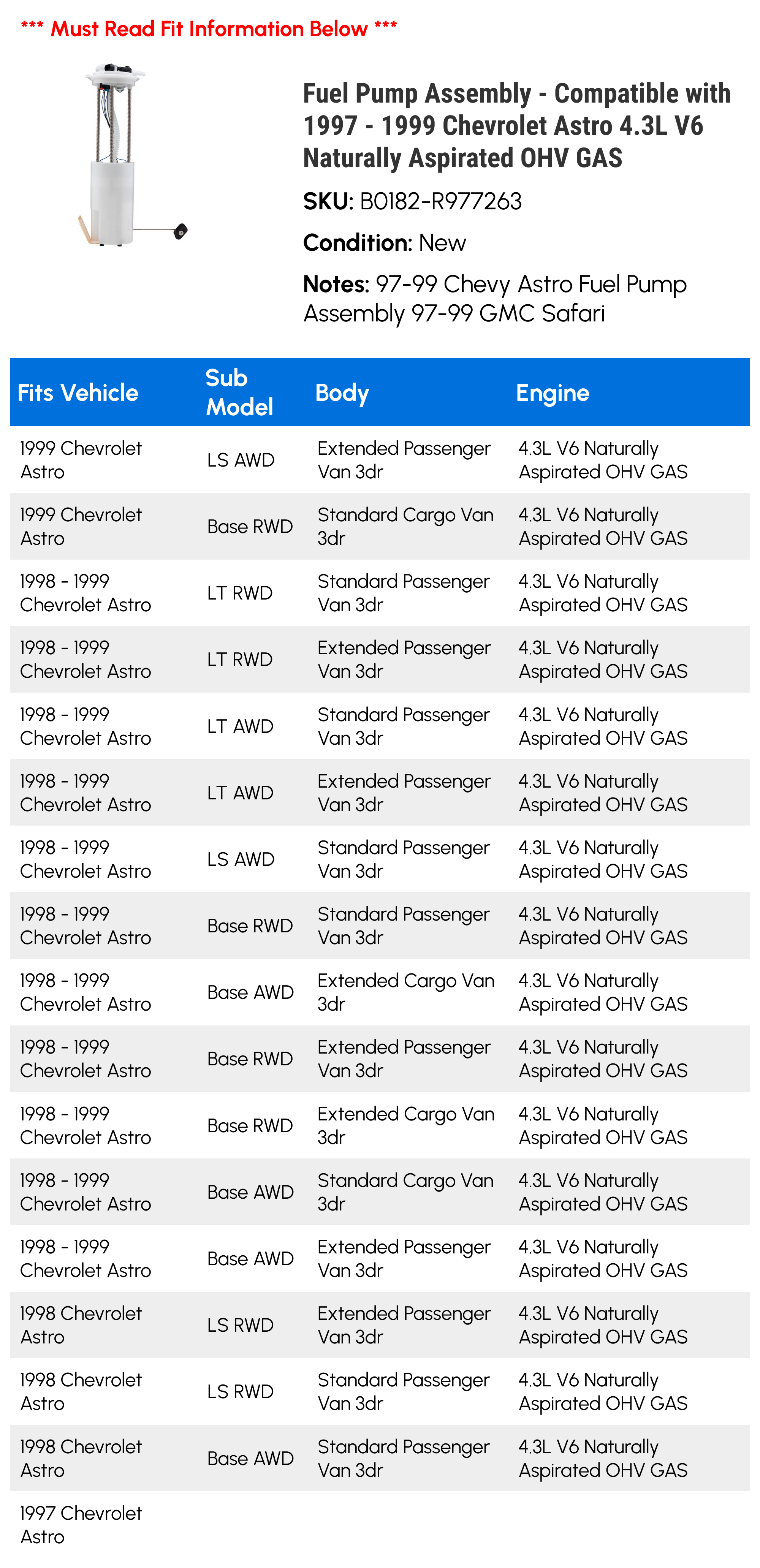 Fuel Pump Assembly - Compatible with 1997 - 1999 Chevy Astro 4.3L V6 Naturally Aspirated OHV GAS 1998