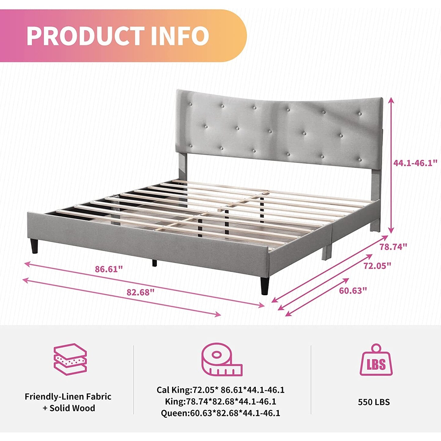 Mixoy Upholstered Linen Platform Bed Frame with Curved Headboard,Wood Slat Support Light Grey - King