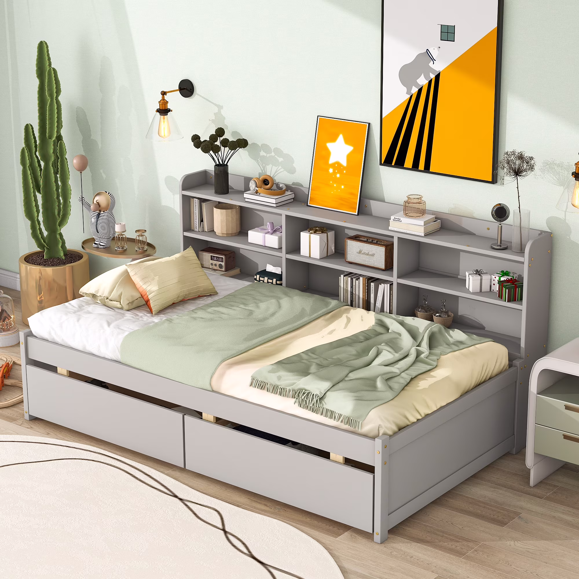 Bellemave Twin Size Platform Bed with Bookcases and Drawers Space Saving Twin Storage Platform Bed Frame with Built-in Shelves for Kids, Teens, Boys, Girls, No Box Spring Needed, Gray