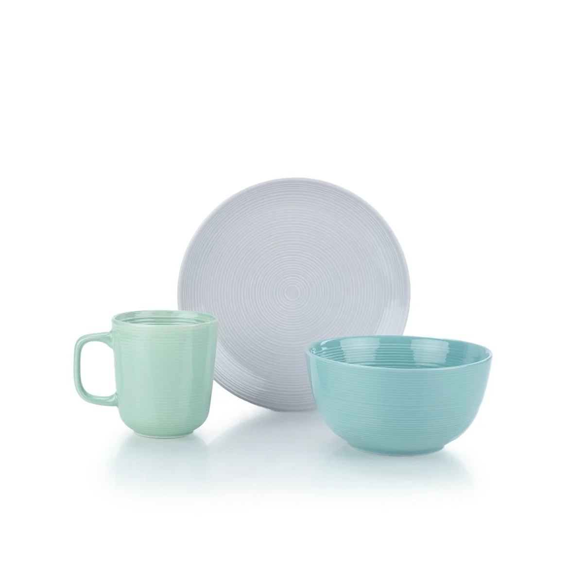 Everything Kitchens Modern Colorful Neutrals - Rippled 12-Piece Breakfast Set - Glazed | Dusty Purple, Blue, Light Green