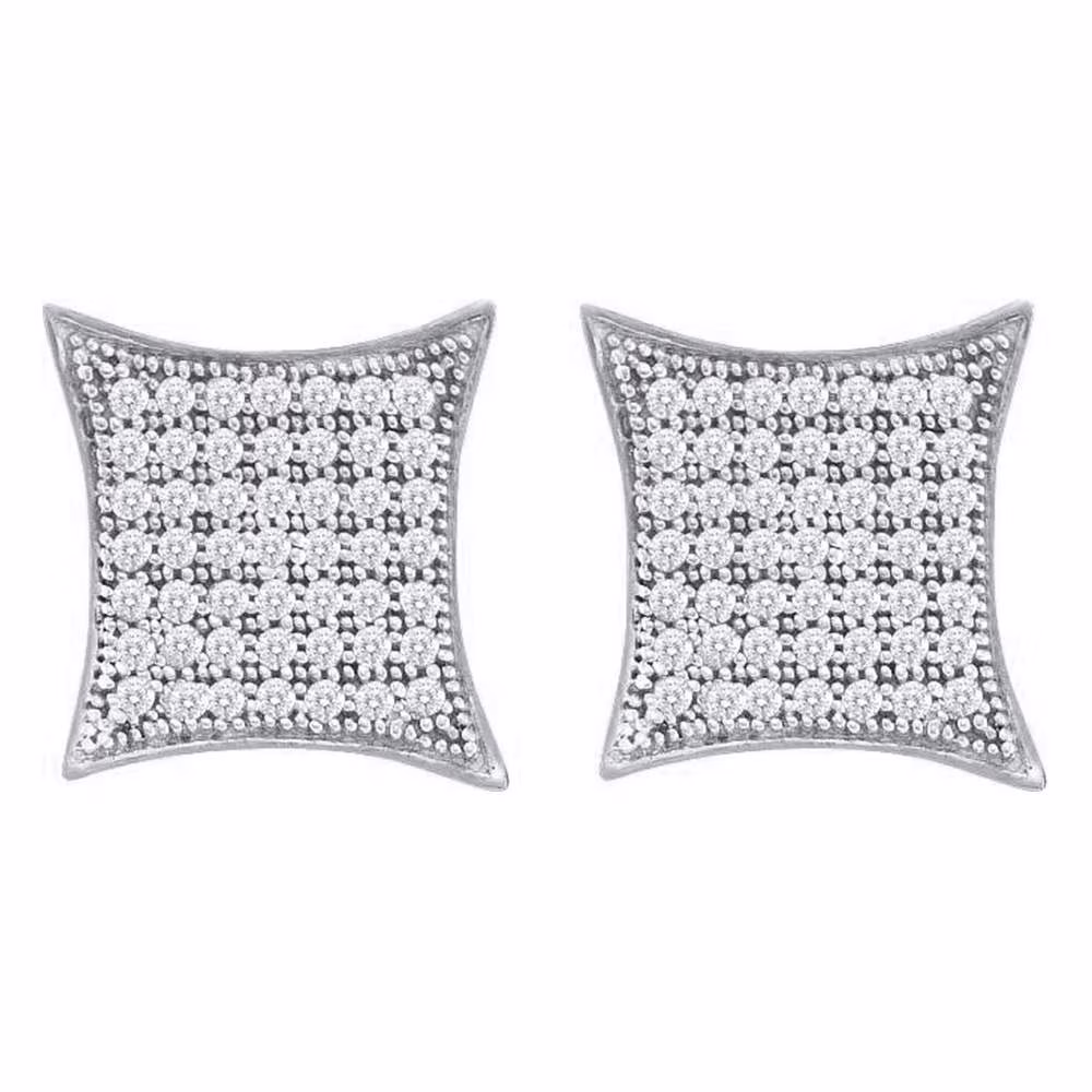 Women's Solid 10kt White Gold Round Diamond Square Kite Cluster Earrings 3/8 Cttw