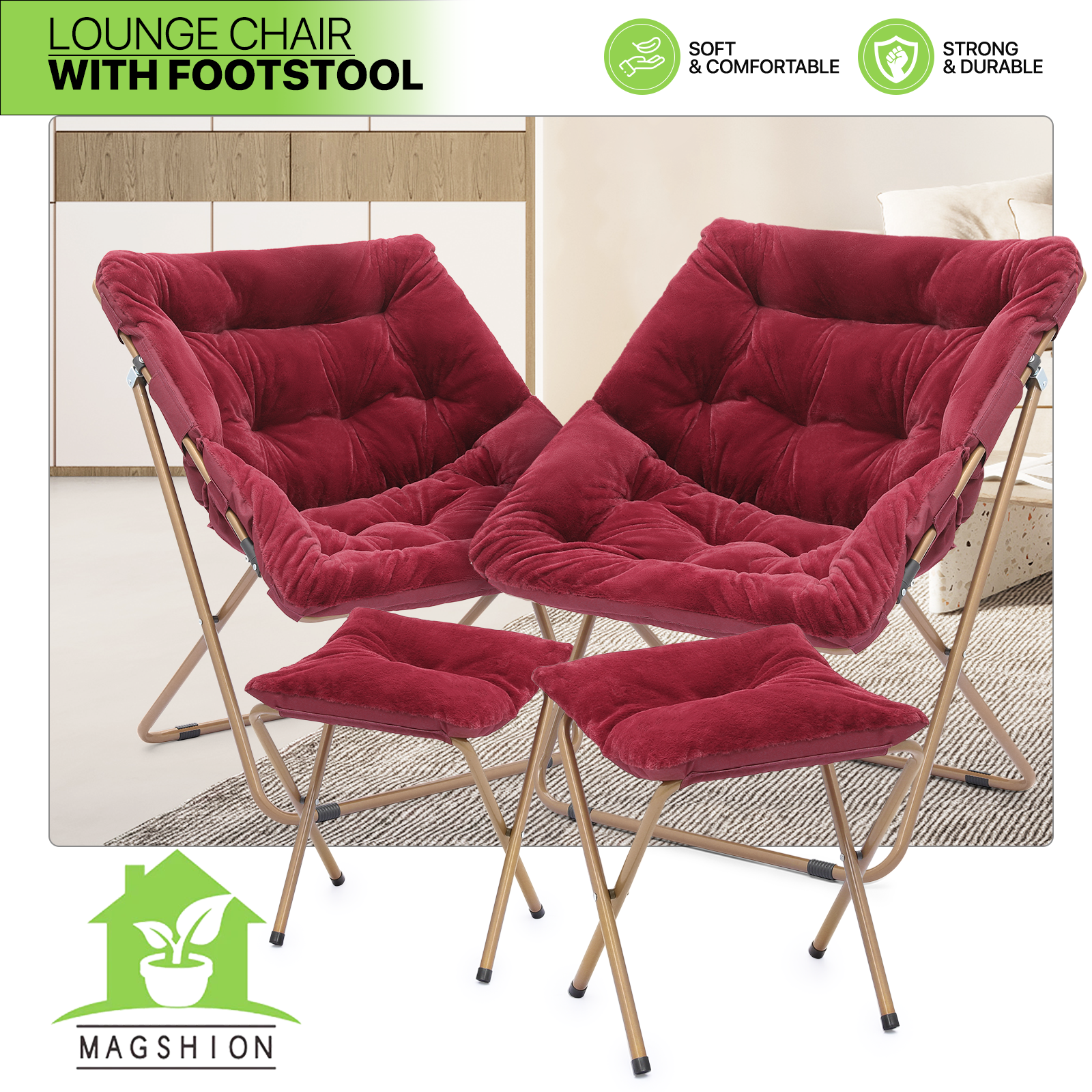 Magshion Set of 2 Folding Cozy Chair with Footrest, Faux Fur Saucer Chair with Ottoman for Bedroom, Foldable Lounge Chair and Foot Stool Set, Red