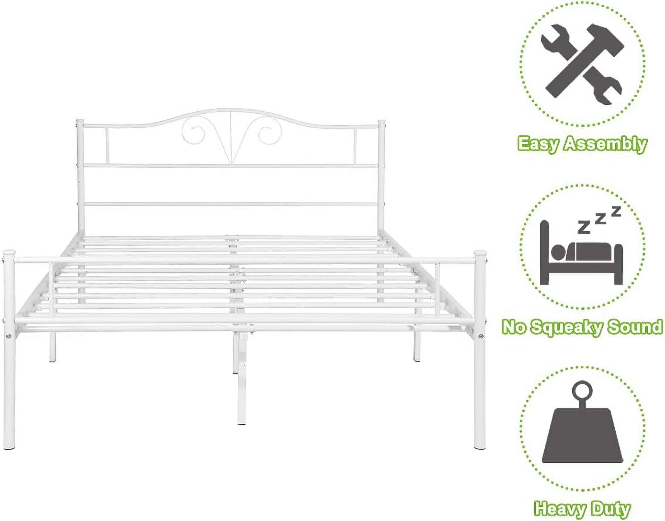 Heavy Duty Metal Queen Size Bed Frame Steel Mattress Foundation White Coated Headboard Single Bed, No Box Spring Needed Storage Needed