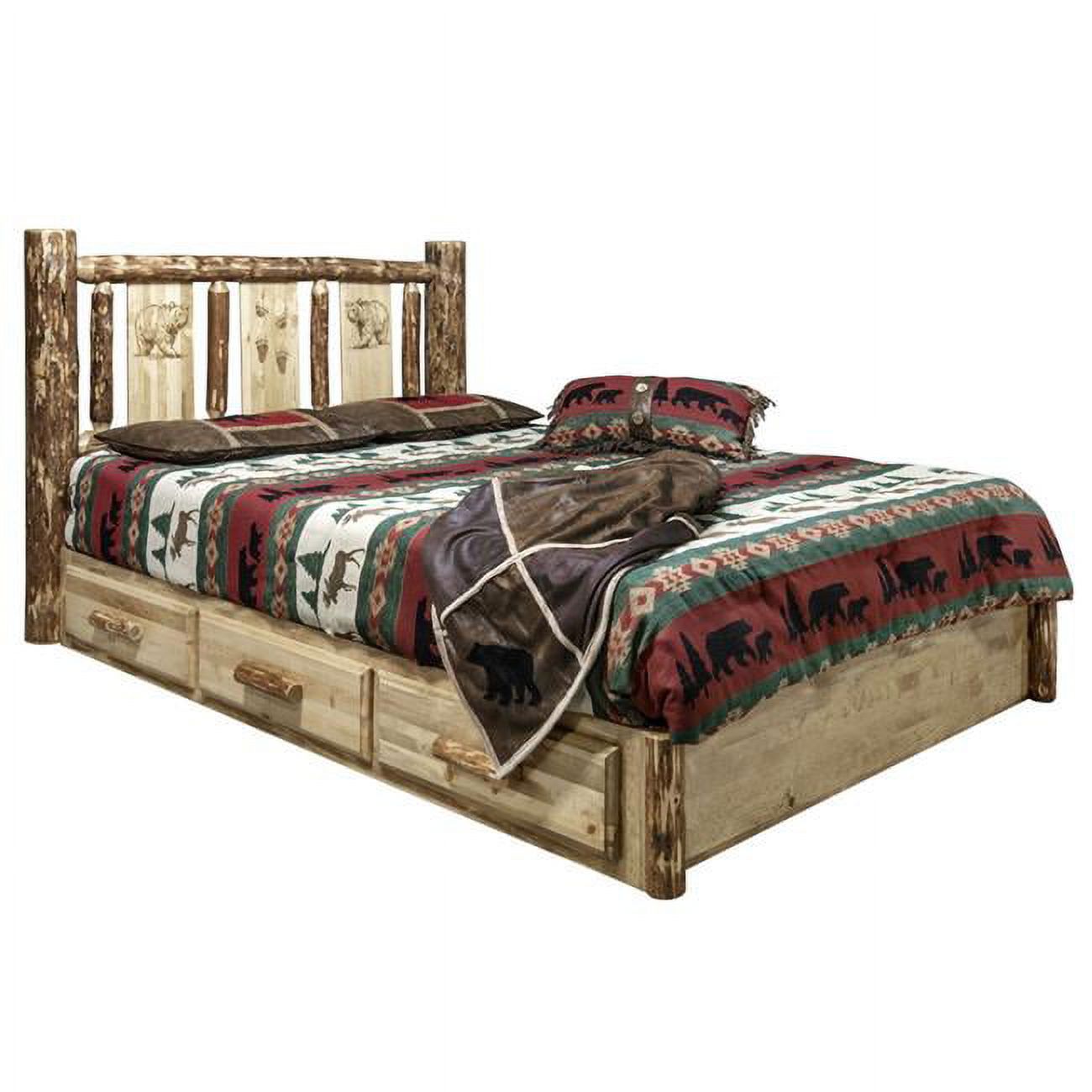 Glacier Country Platform Bed with Storage & Laser Engraved Bear Design - California King Size