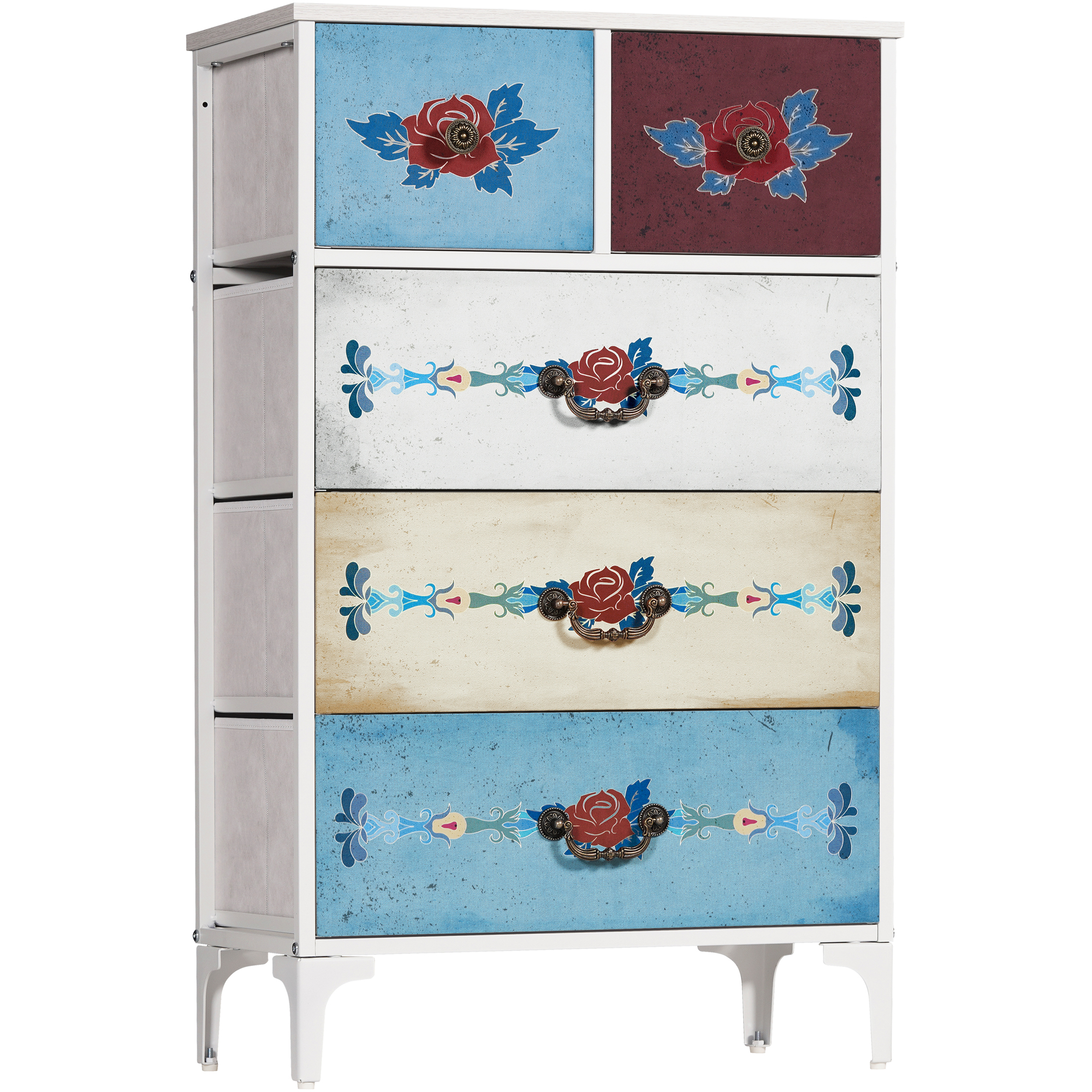 ROOFAR 5 Drawer Dresser, Boho Dresser Fabric Chest of Drawers with Shelves, Portable Storage Tower , Fabric Dresser for Bedroom, Closet, Nursery, Chest of Drawers, Steel Frame, Wood Top