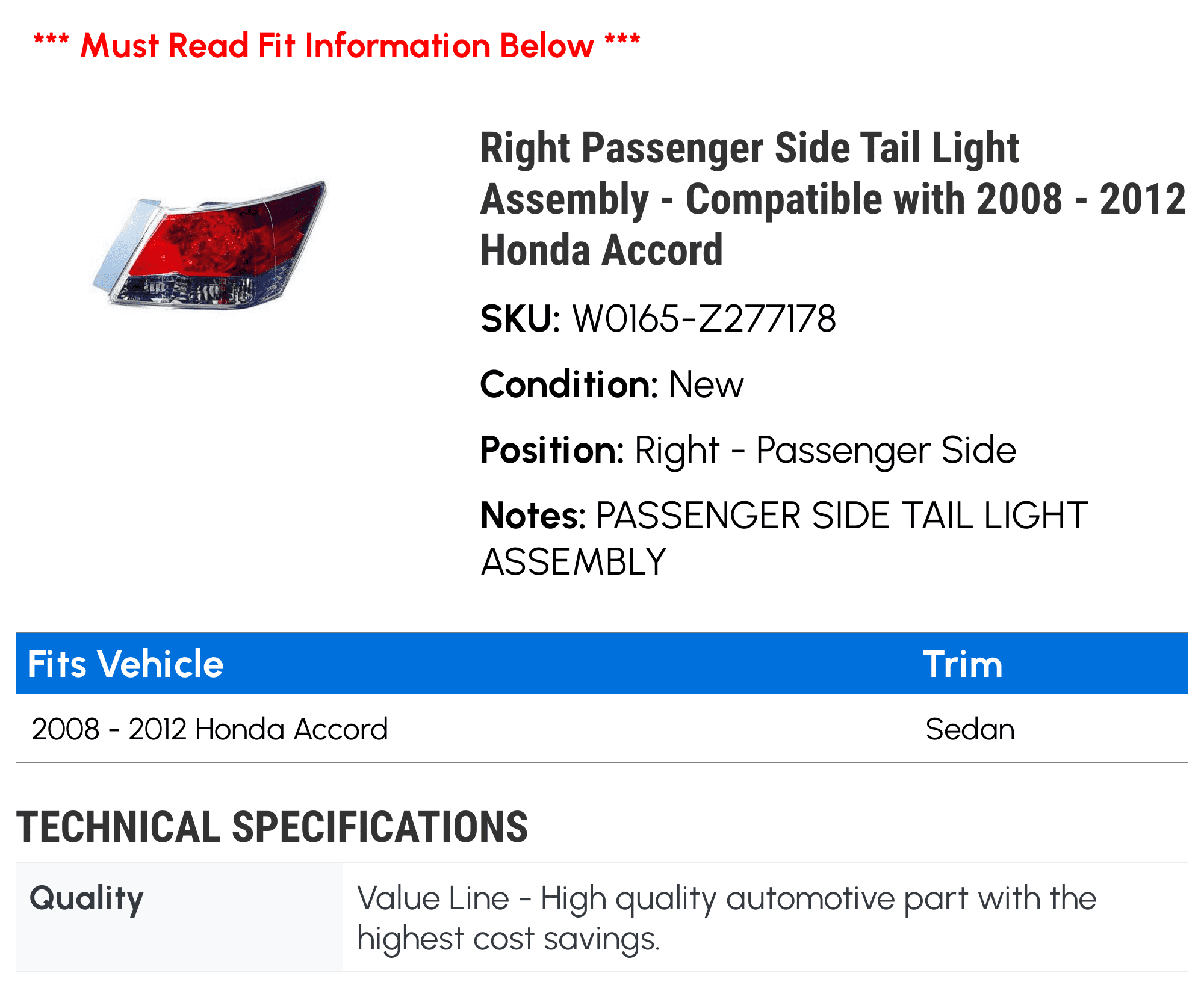 Right Passenger Side Tail Light Assembly - Compatible with 2008 - 2012 Honda Accord 2009 2010 2011