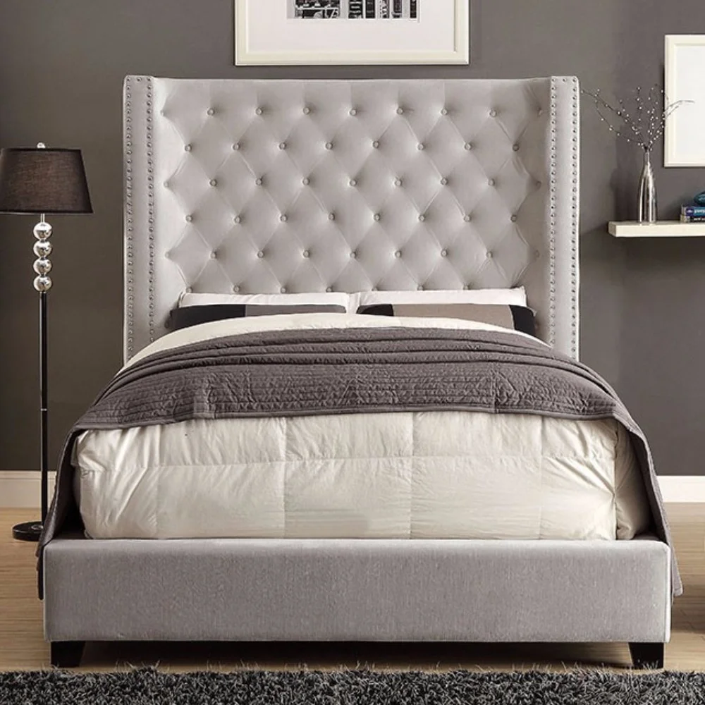 Flannelette King Size Bed With Wingback Headboard, Ivory
