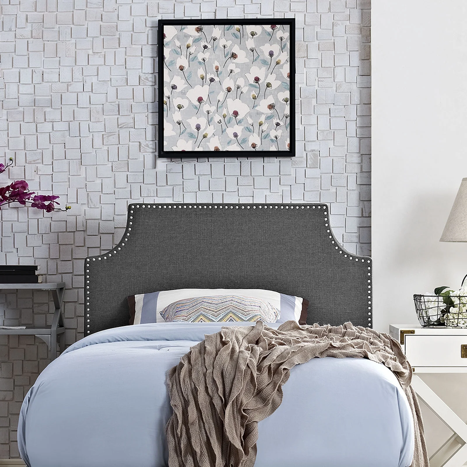 Modern Contemporary Urban Design Bedroom Twin Size Headboard, Grey Gray, Fabric