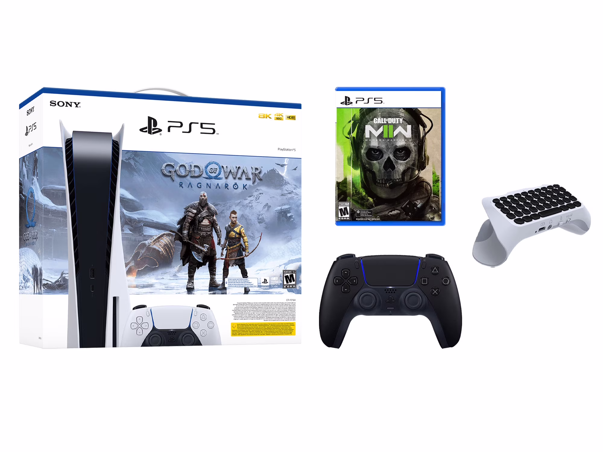 Sony Playstation 5 Disc Edition God of War Ragnarök Bundle with Extra Midnight Black Controller, Call of Duty: Modern Warfare II and Surge QuickType Keypad