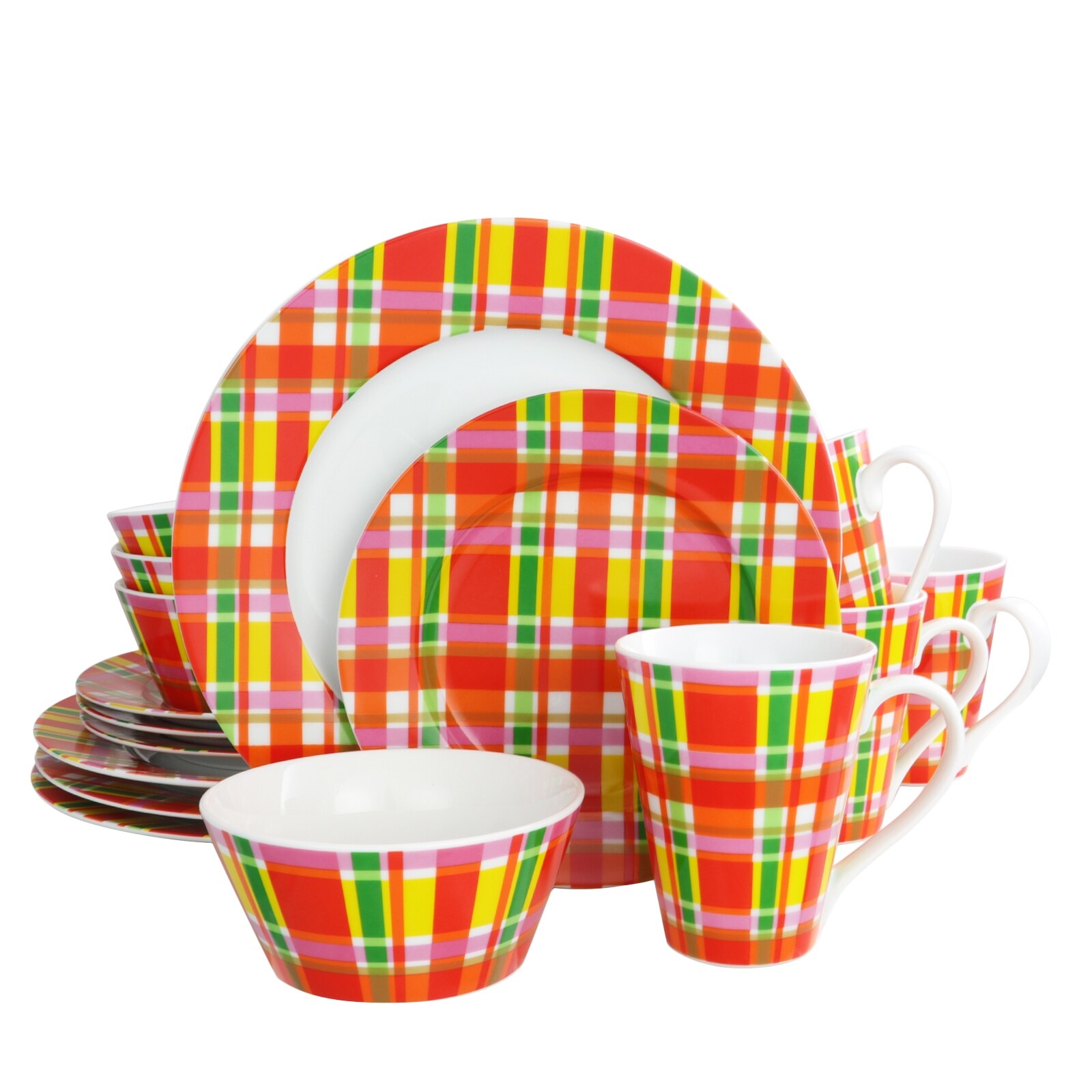 Multi Plaid Picnic 16 Piece Porcelain Dinnerware Set