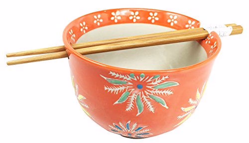 Japanese Design Orange Flower Blossoms Ceramic Ramen Udong Noodle Soup Bowl and Chopsticks Set Great Gift For College Students Housewarming Ramen Lovers Asian Living Home Decor