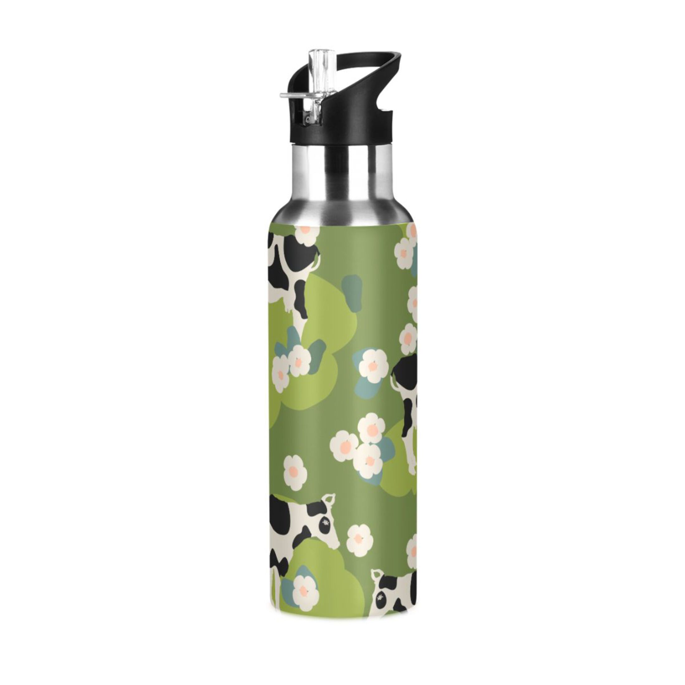 Stainless Steel Water Bottle Green Cow Flowers with Straw Lid Vacuum Insulated Leak Proof Flask Jug for Gym Travel Sports Cycling Outdoor 20 OZ
