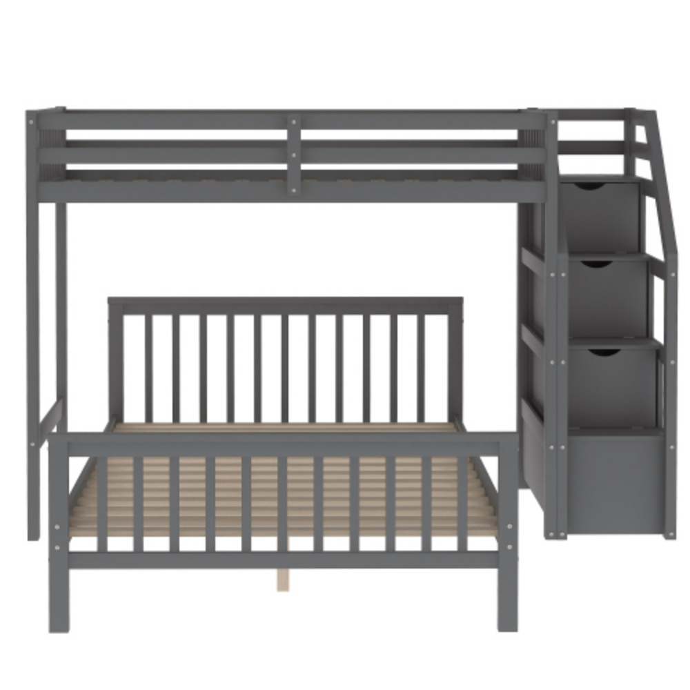 Twin over Full Loft Bed with Staircase,Gray(